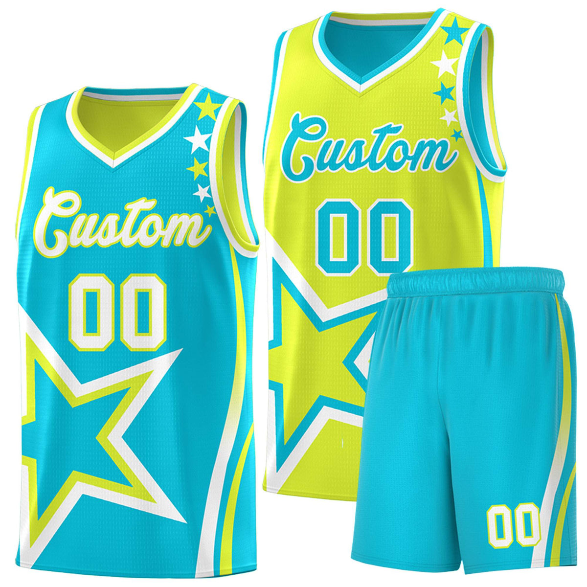 Custom Sky Blue Fluorescent Green Reversible Color Block Start Pattern Sports Uniform Basketball Jersey Kits