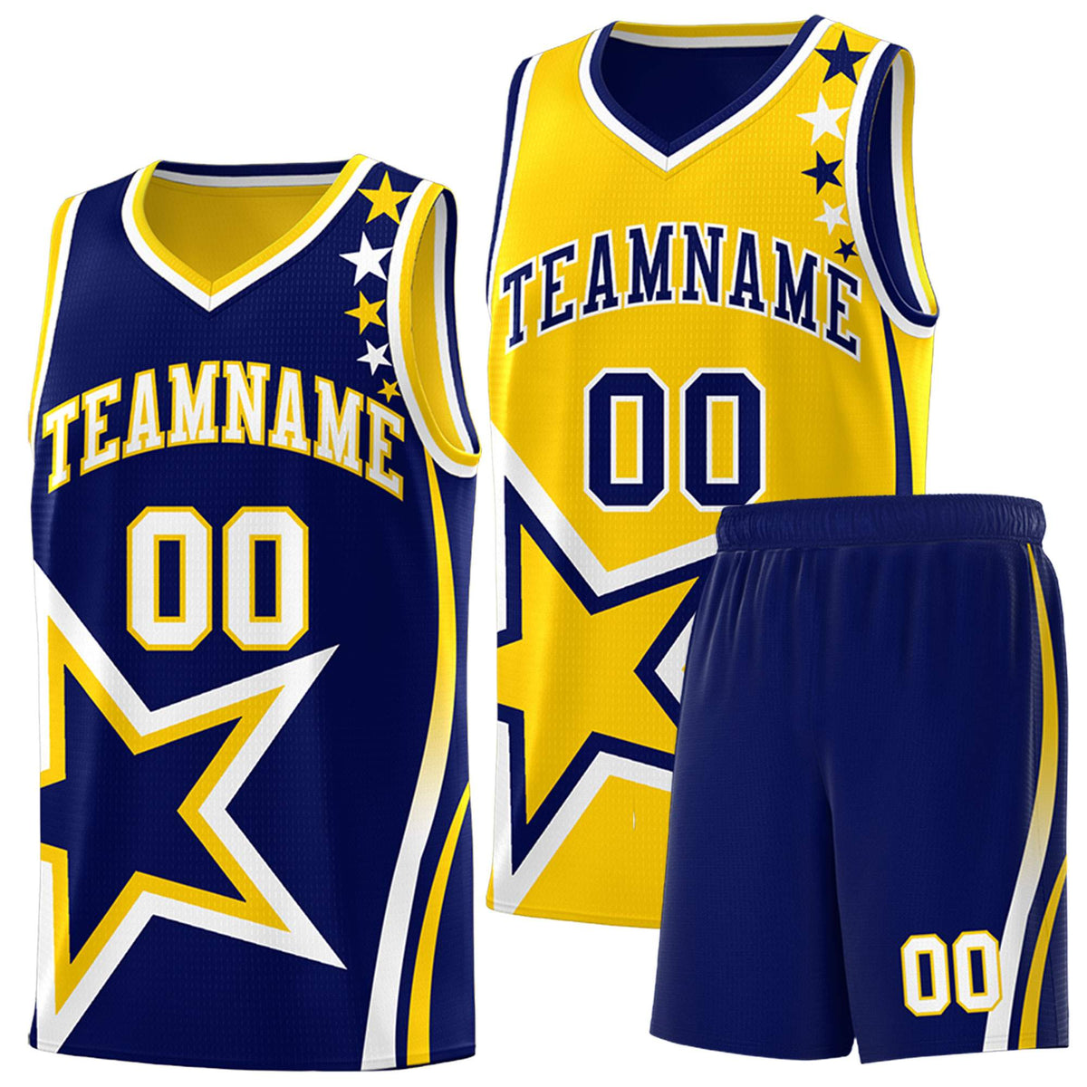 Custom Navy Gold Reversible Color Block Start Pattern Sports Uniform Basketball Jersey Kits