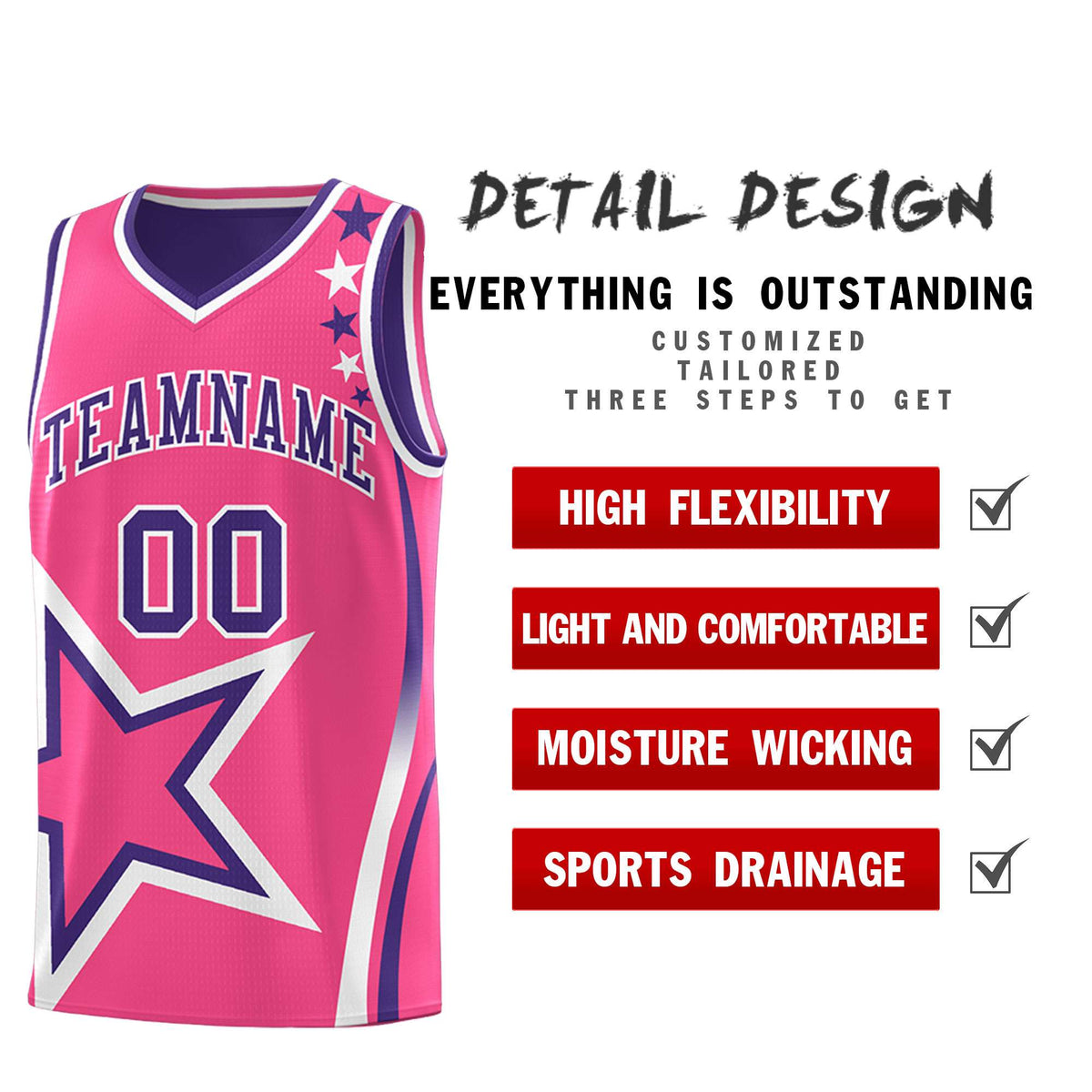 Custom Purple Pink Reversible Color Block Start Pattern Sports Uniform Basketball Jersey Kits