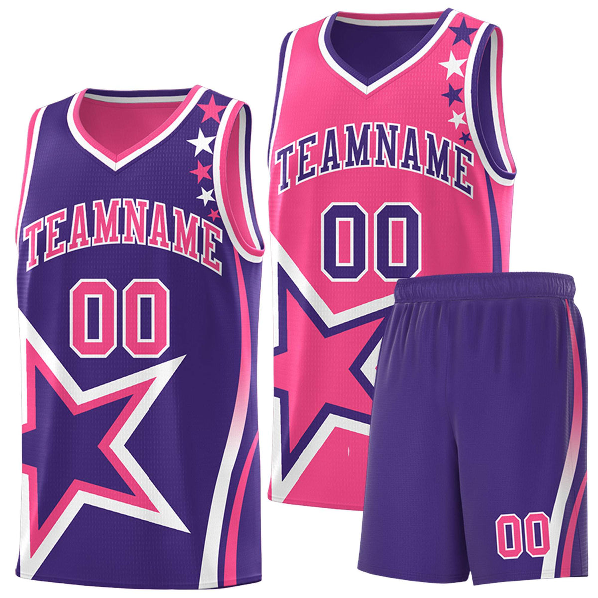 Custom Purple Pink Reversible Color Block Start Pattern Sports Uniform Basketball Jersey Kits