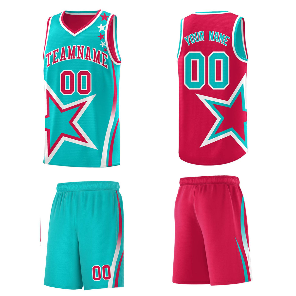 Custom Red Bright Green Reversible Color Block Start Pattern Sports Uniform Basketball Jersey Kits