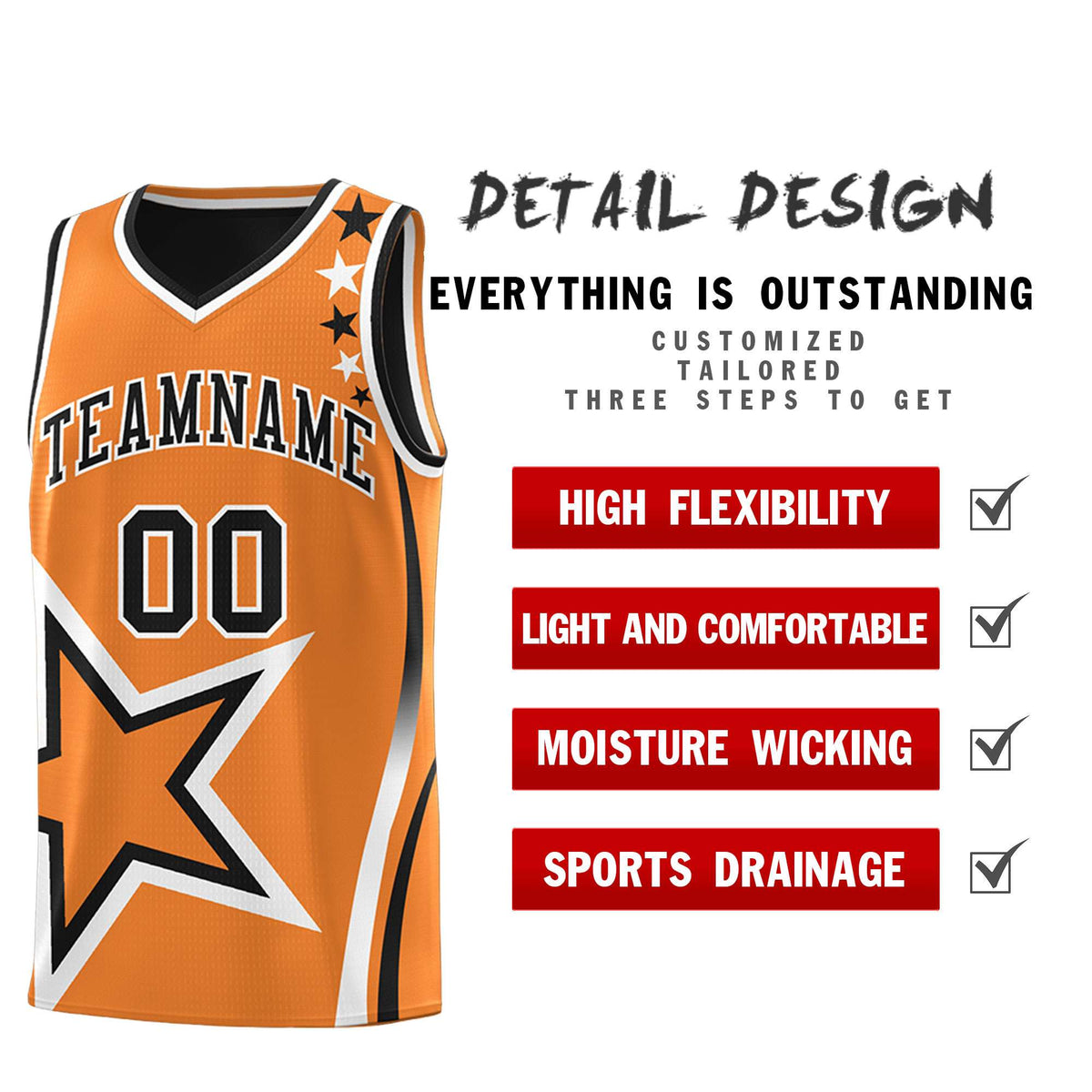 Custom Black Orange Reversible Color Block Start Pattern Sports Uniform Basketball Jersey Kits