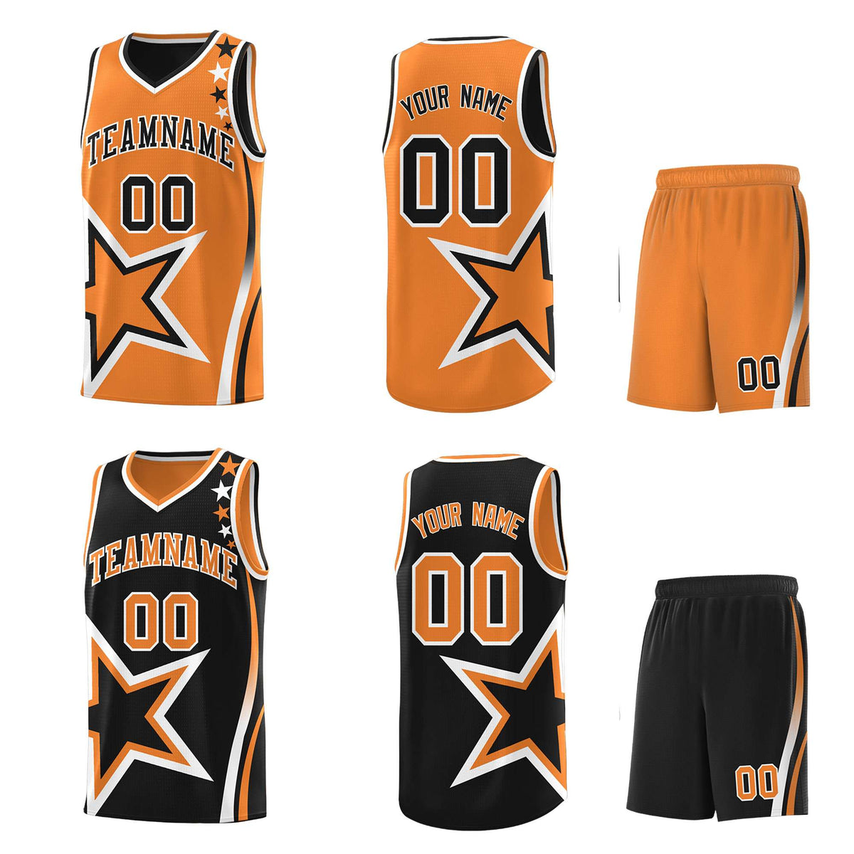 Custom Black Orange Reversible Color Block Start Pattern Sports Uniform Basketball Jersey Kits