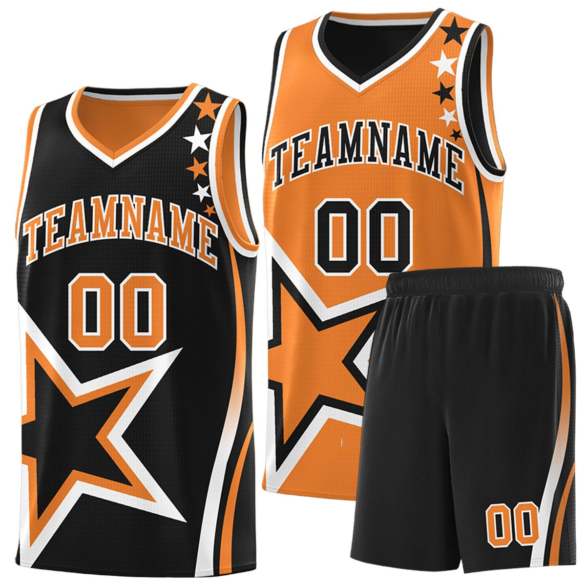 Custom Black Orange Reversible Color Block Start Pattern Sports Uniform Basketball Jersey Kits