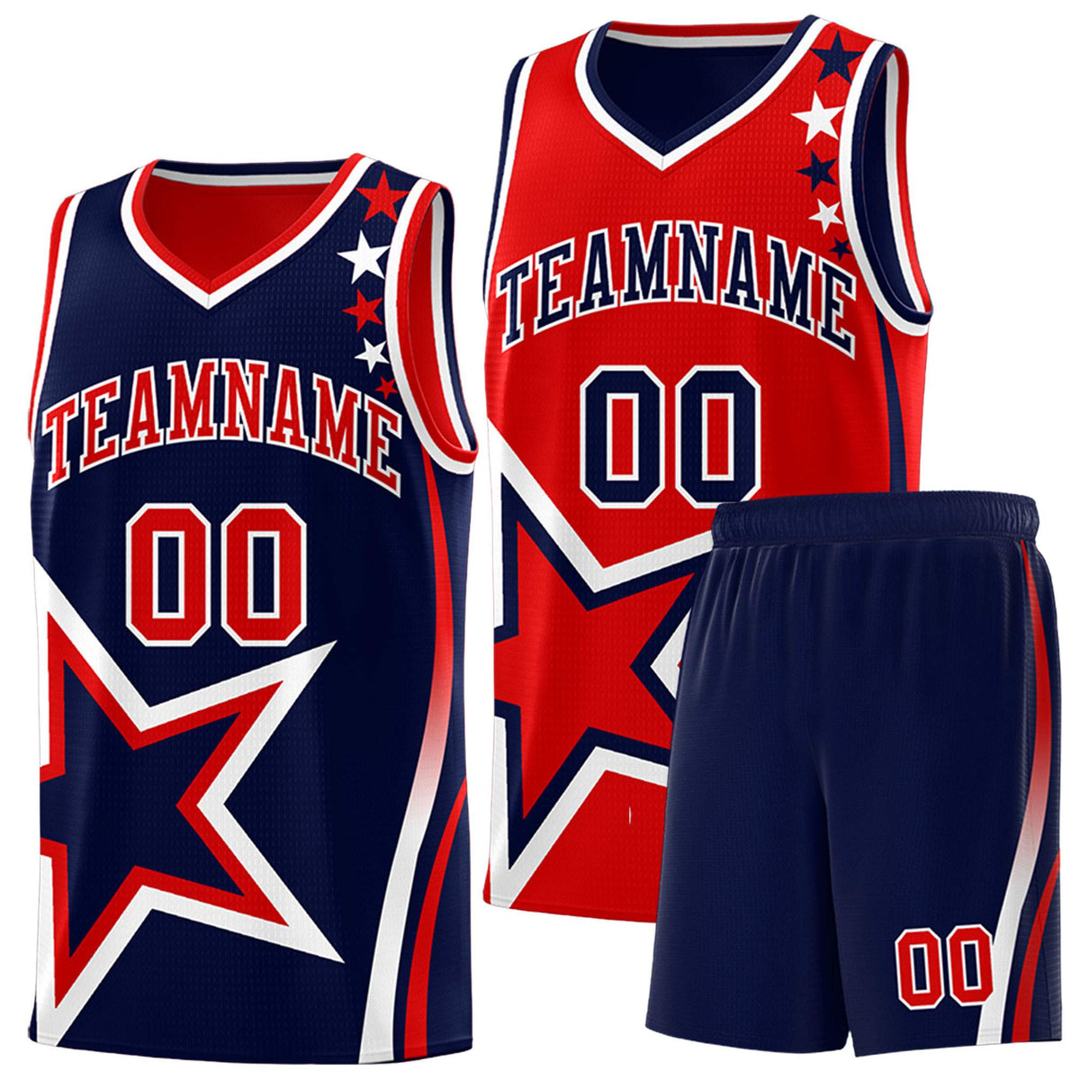 Custom Navy Red Reversible Color Block Start Pattern Sports Uniform Basketball Jersey Kits