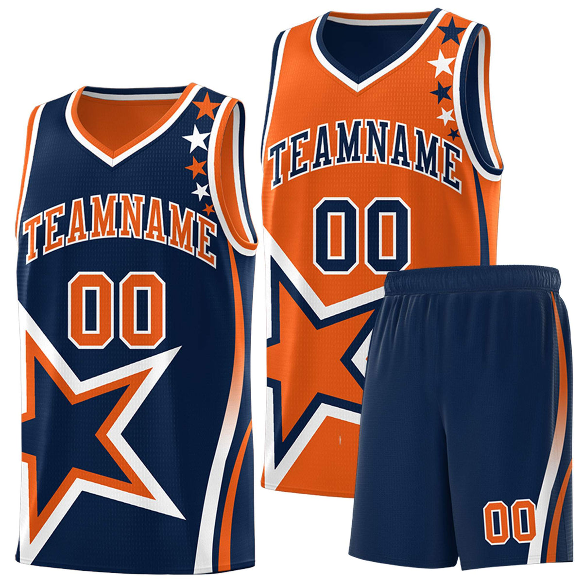 Custom Navy Orange Reversible Color Block Start Pattern Sports Uniform Basketball Jersey Kits