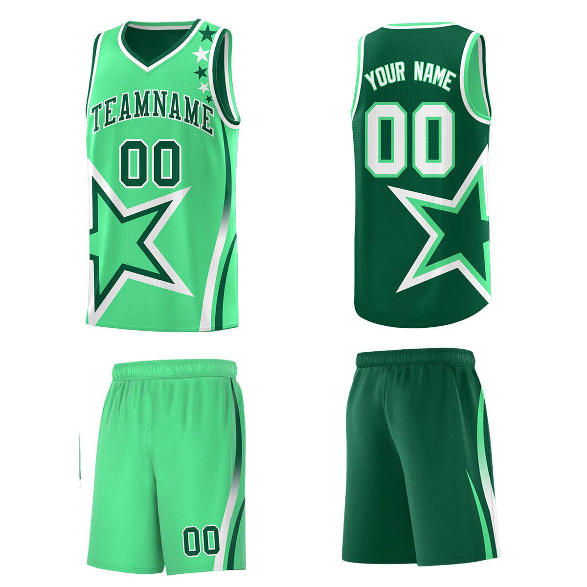 Custom Green Light Green Reversible Color Block Start Pattern Sports Uniform Basketball Jersey Kits