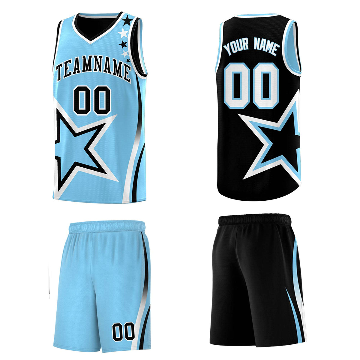 Custom Black Powder Blue Reversible Color Block Start Pattern Sports Uniform Basketball Jersey Kits