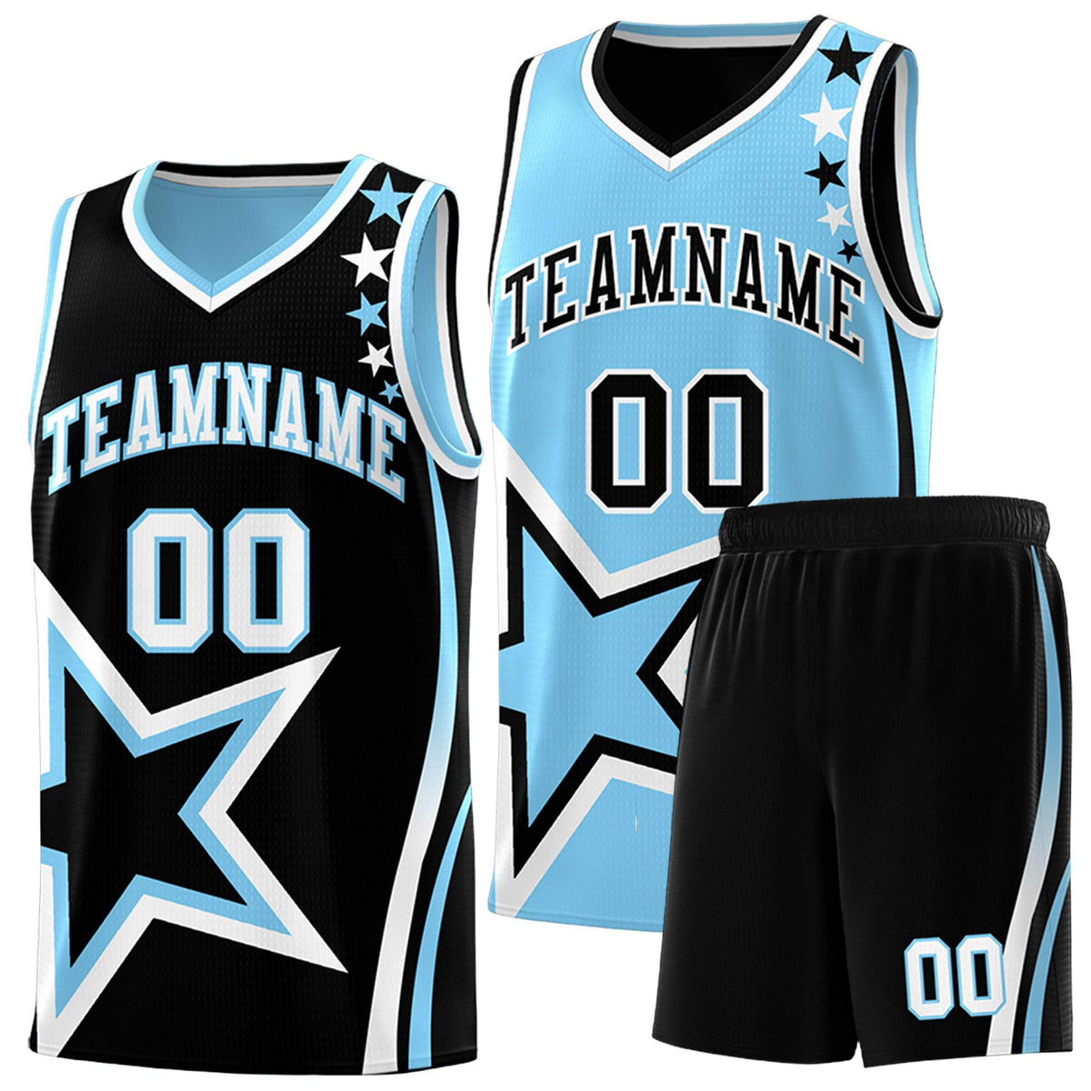 Custom Black Powder Blue Reversible Color Block Start Pattern Sports Uniform Basketball Jersey Kits