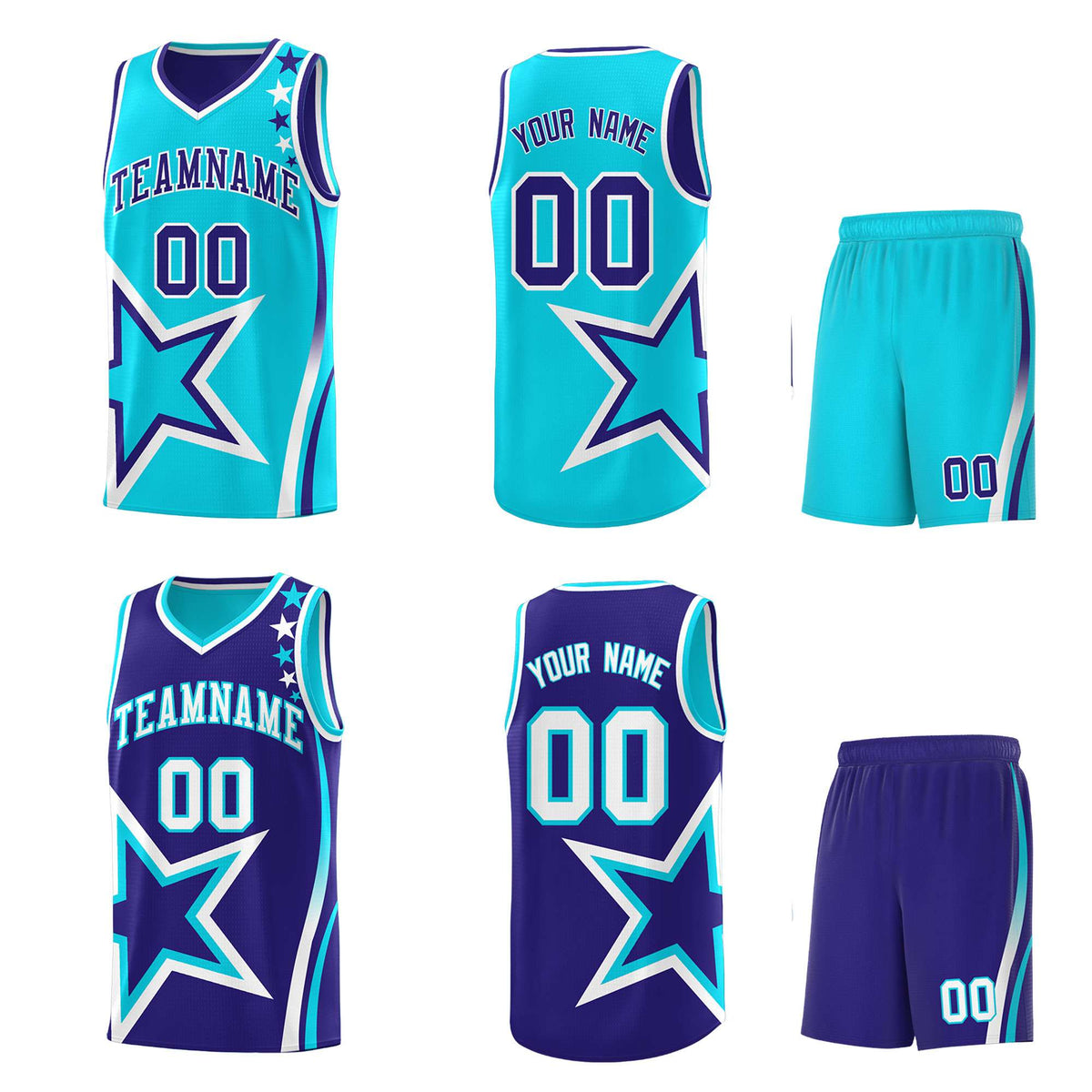 Custom Royal Light Blue Reversible Color Block Start Pattern Sports Uniform Basketball Jersey Kits
