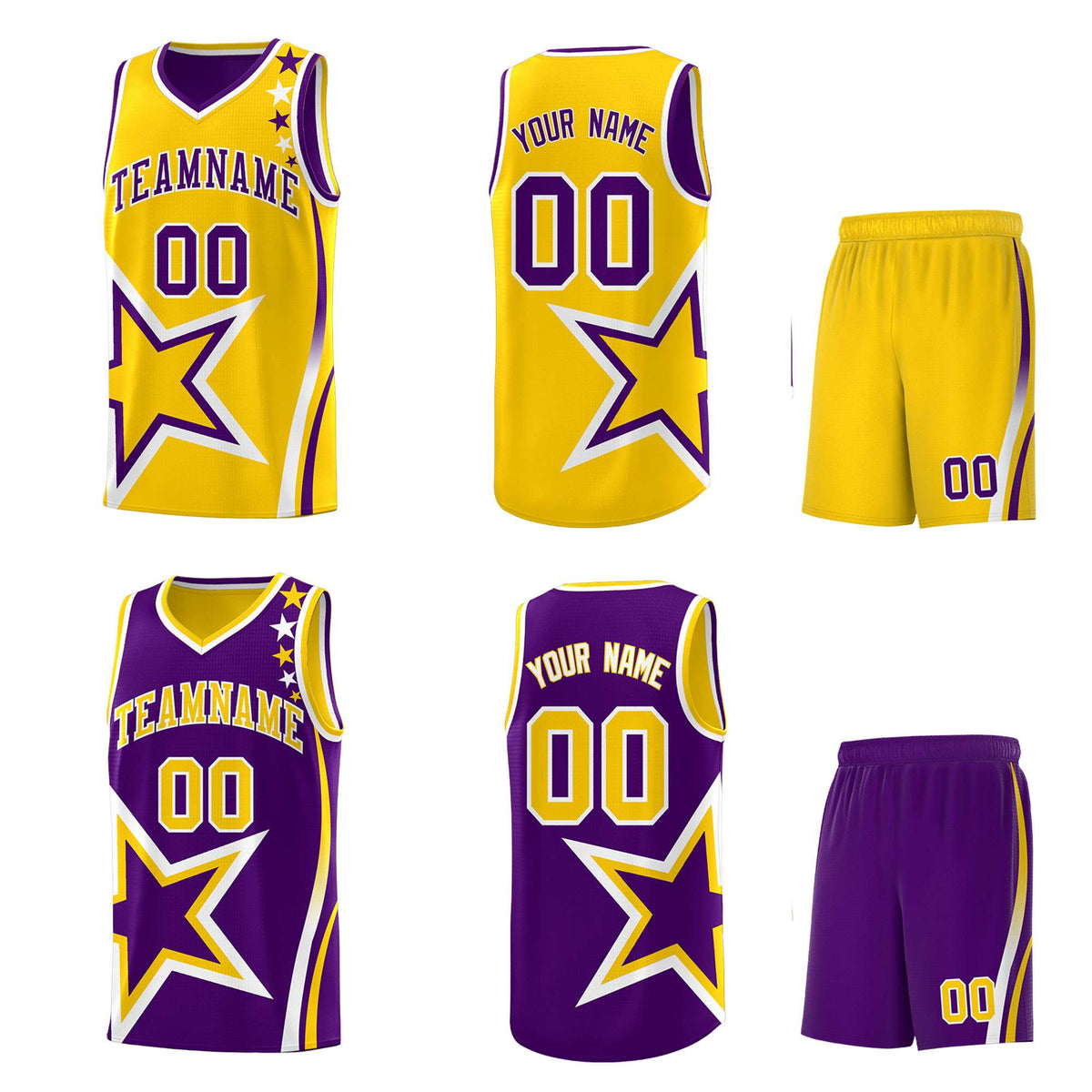 Custom Purple Gold Reversible Color Block Start Pattern Sports Uniform Basketball Jersey Kits