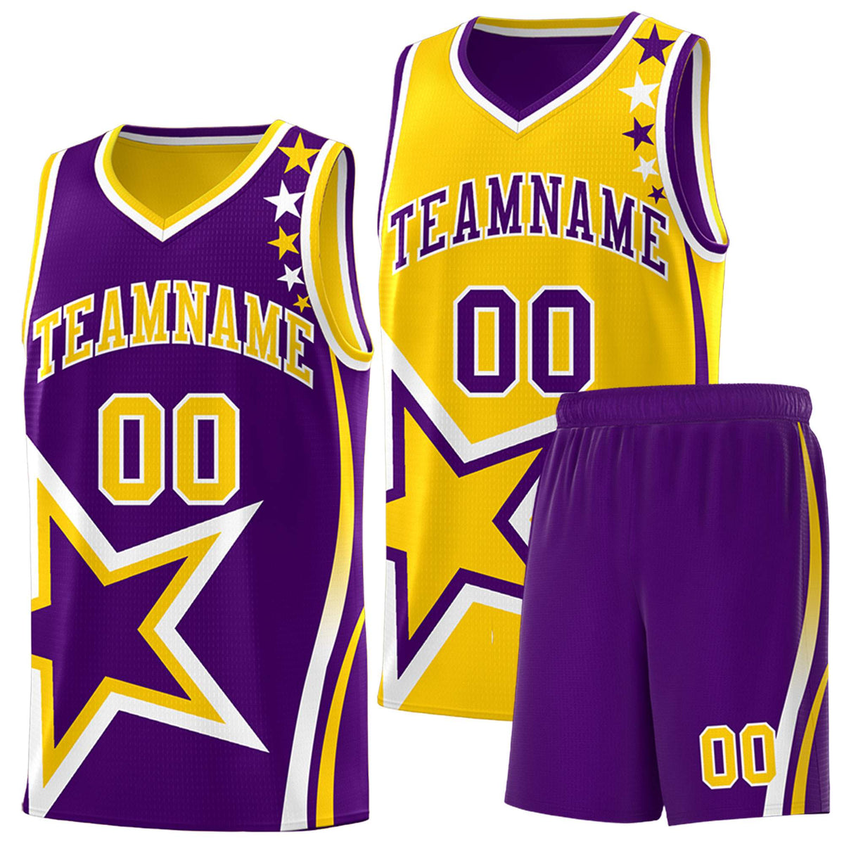 Custom Purple Gold Reversible Color Block Start Pattern Sports Uniform Basketball Jersey Kits