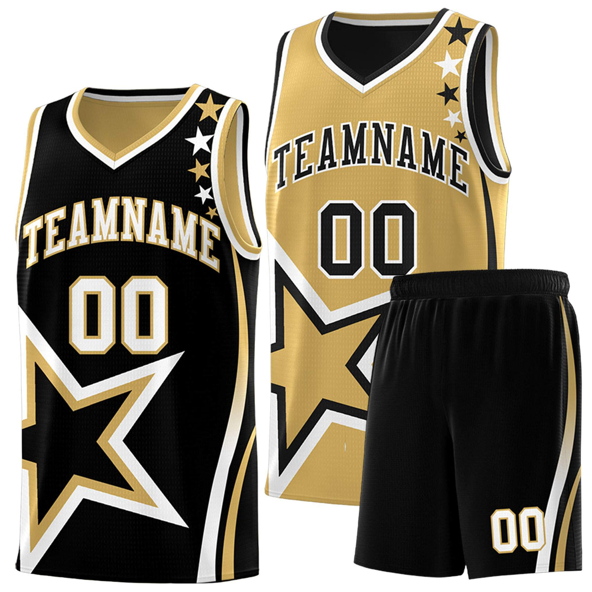 Custom Black Old Gold Reversible Color Block Start Pattern Sports Uniform Basketball Jersey Kits