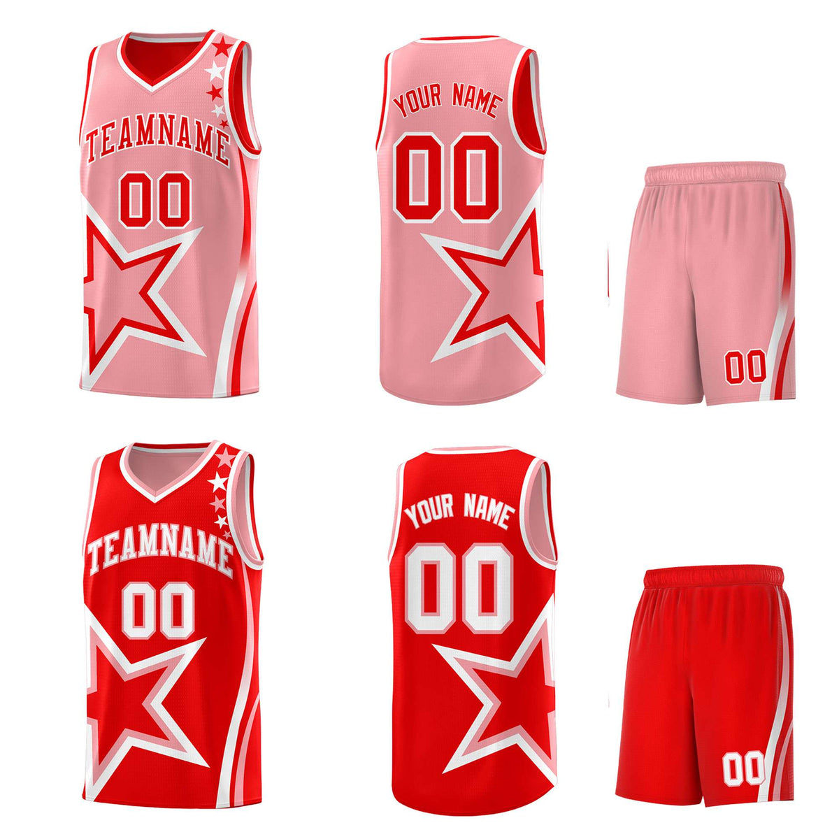 Custom Red Light Red Reversible Color Block Start Pattern Sports Uniform Basketball Jersey Kits