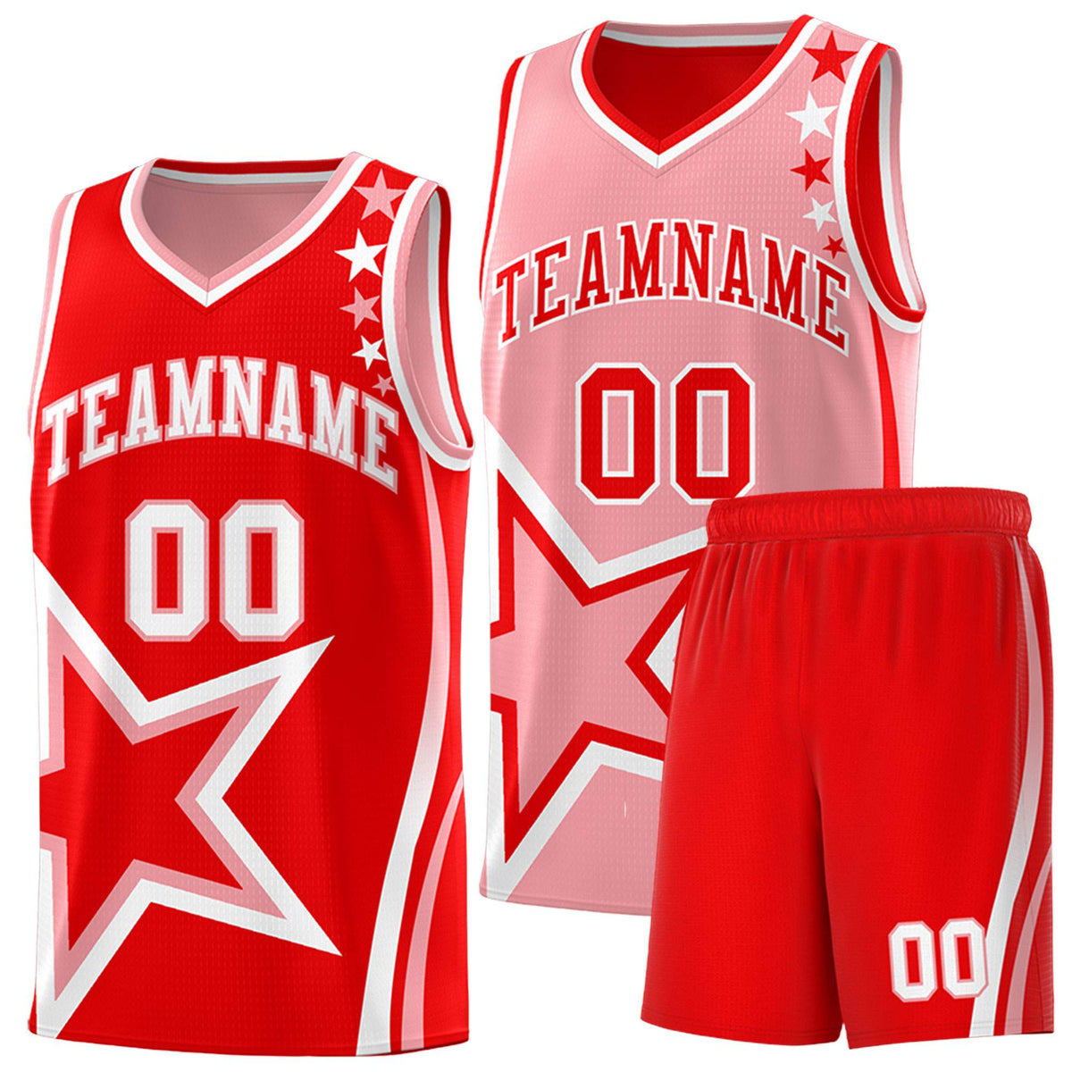 Custom Red Light Red Reversible Color Block Start Pattern Sports Uniform Basketball Jersey Kits