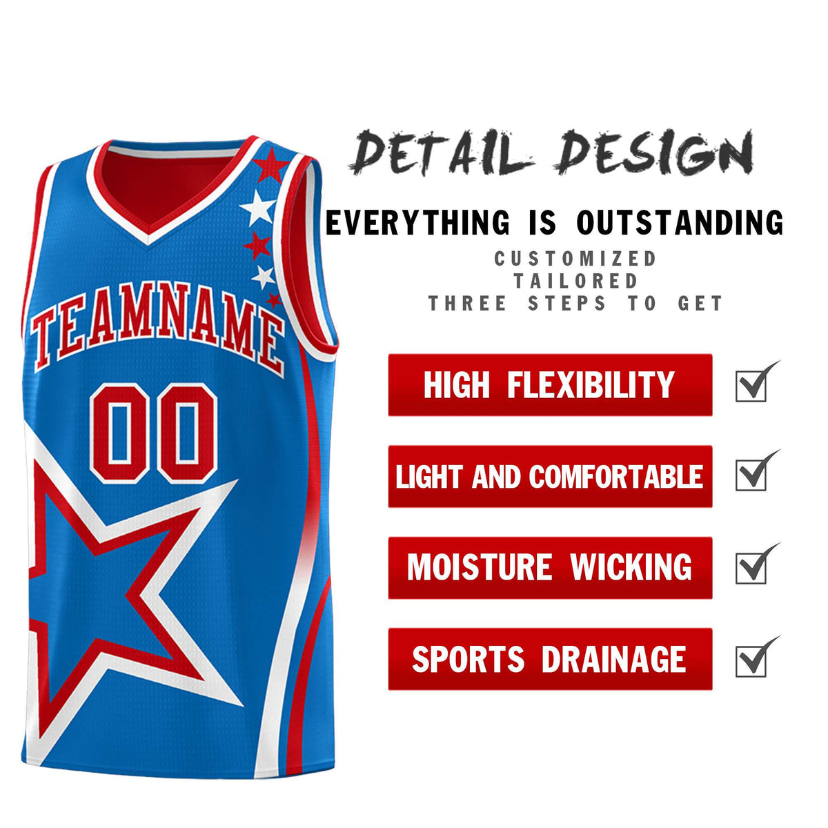 Custom Red Royal Reversible Color Block Start Pattern Sports Uniform Basketball Jersey Kits
