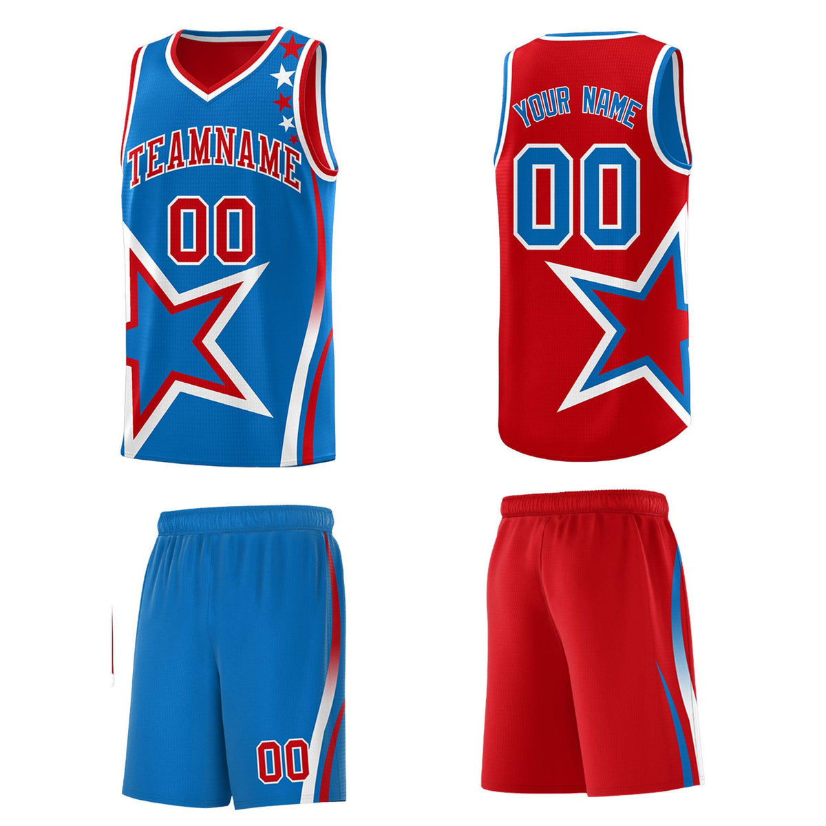 Custom Red Royal Reversible Color Block Start Pattern Sports Uniform Basketball Jersey Kits