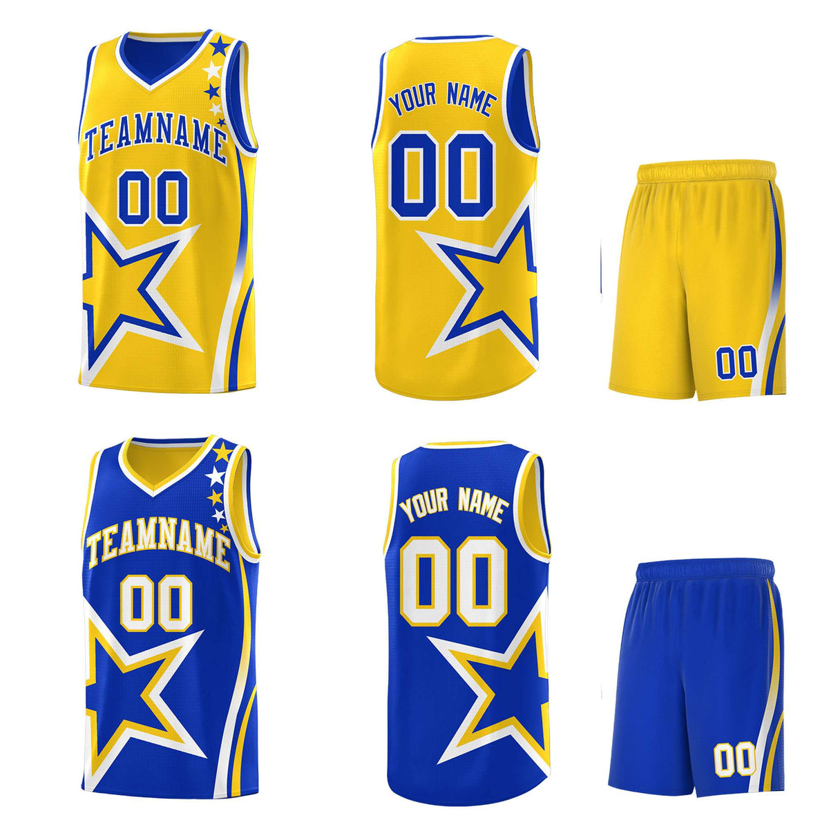Custom Royal Gold Reversible Color Block Start Pattern Sports Uniform Basketball Jersey Kits
