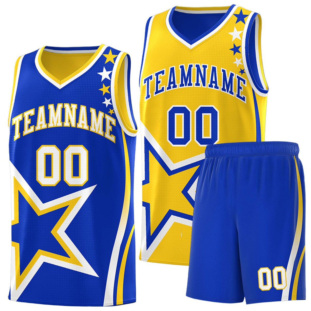 Custom Royal Gold Reversible Color Block Start Pattern Sports Uniform Basketball Jersey Kits
