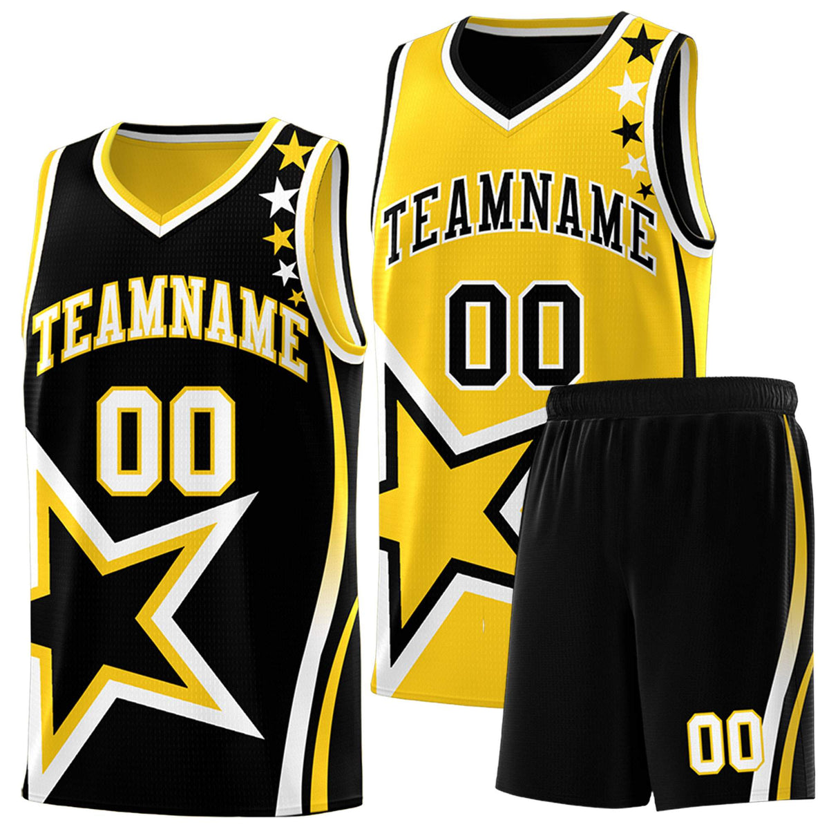 Custom Black Gold Reversible Color Block Start Pattern Sports Uniform Basketball Jersey Kits
