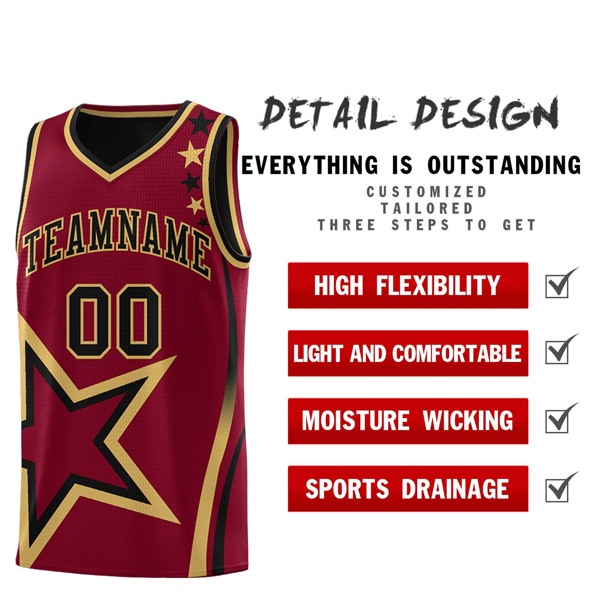 Custom Black Crimson Reversible Color Block Start Pattern Sports Uniform Basketball Jersey Kits