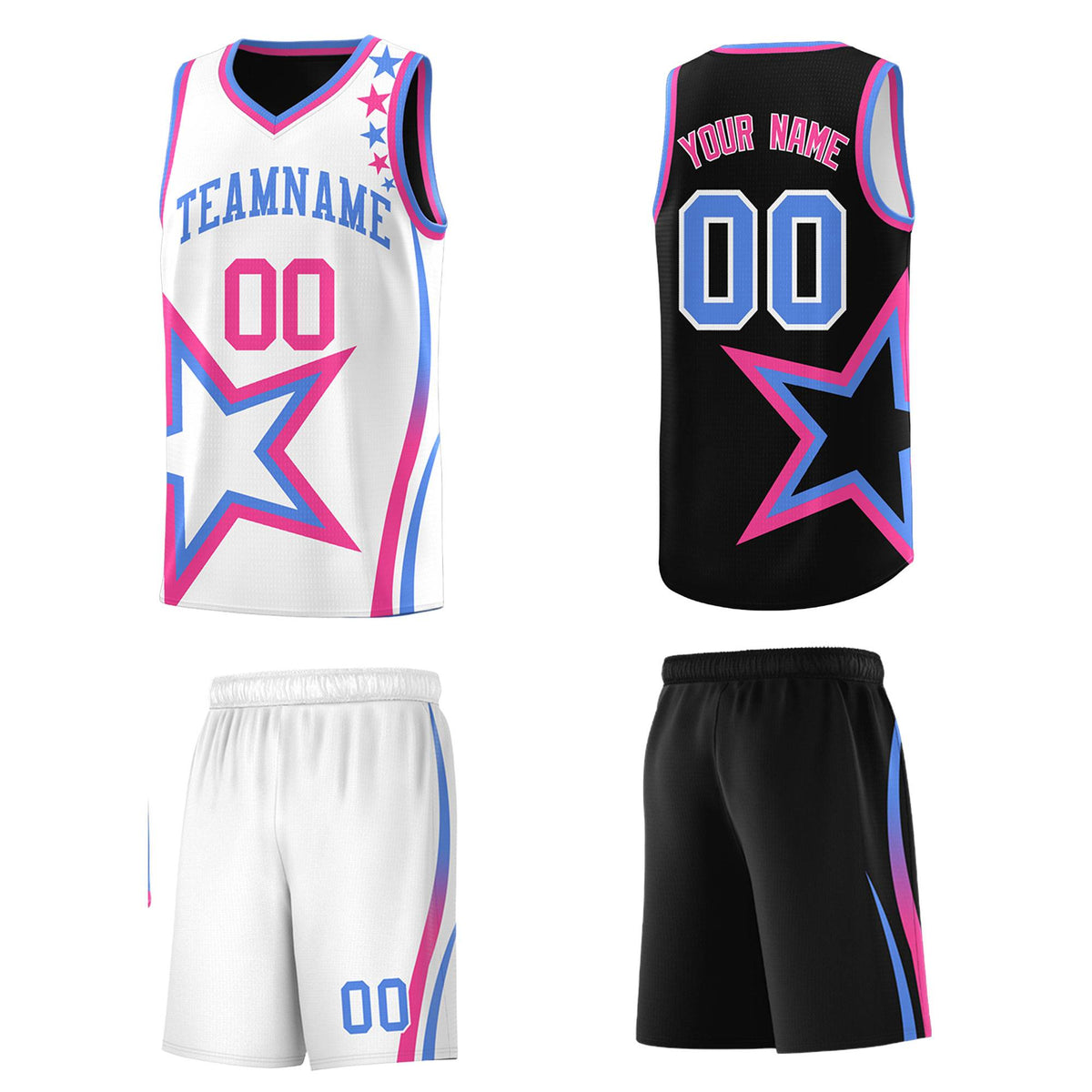 Custom Black White Reversible Color Block Start Pattern Sports Uniform Basketball Jersey Kits