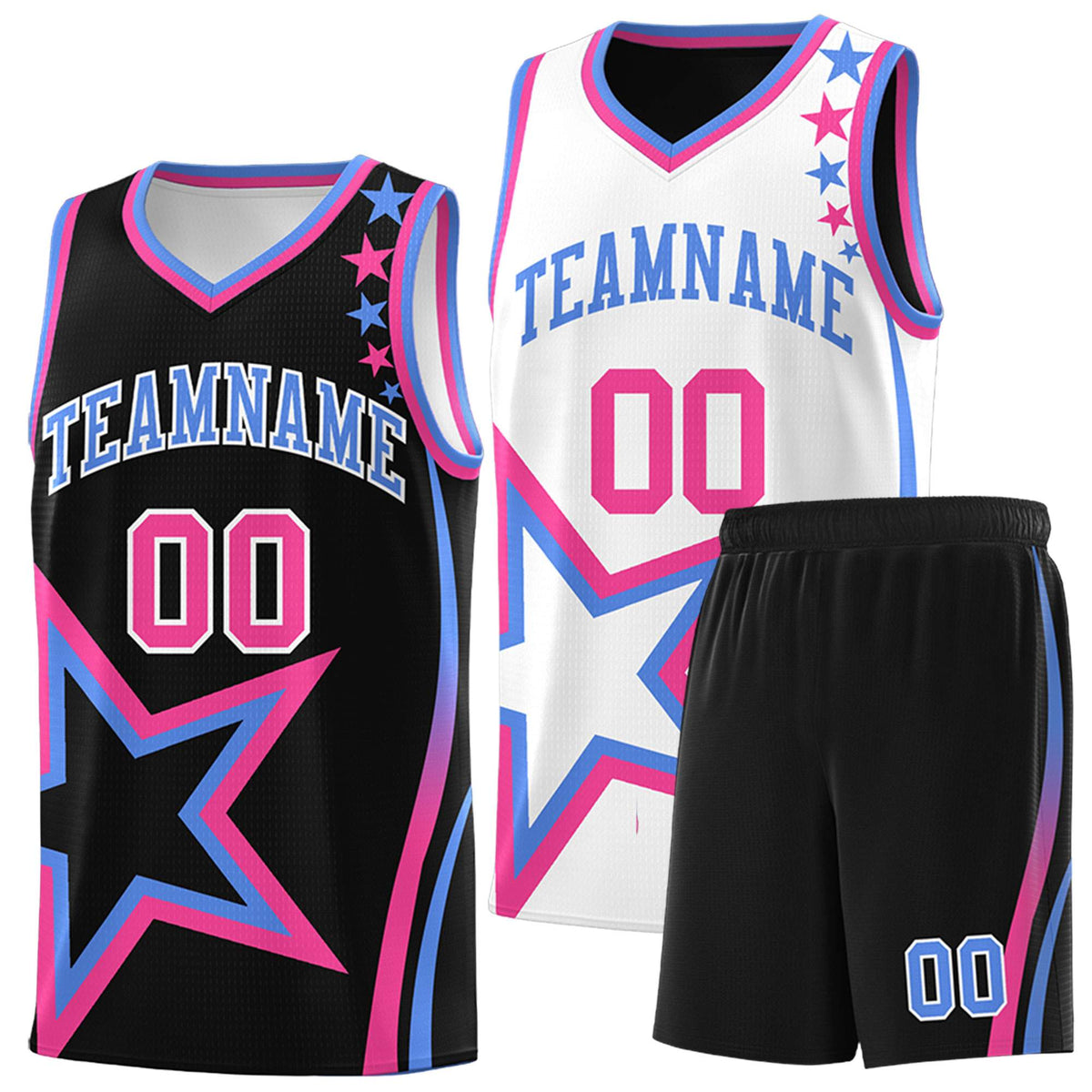 Custom Black White Reversible Color Block Start Pattern Sports Uniform Basketball Jersey Kits