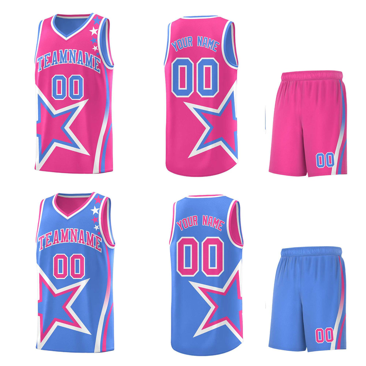 Custom Light Blue Pink Reversible Color Block Start Pattern Sports Uniform Basketball Jersey Kits