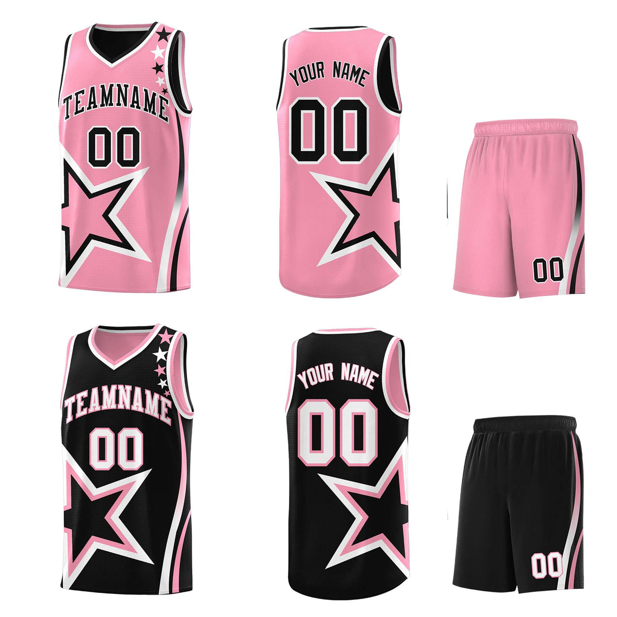 Custom Black Light Pink Reversible Color Block Start Pattern Sports Uniform Basketball Jersey Kits