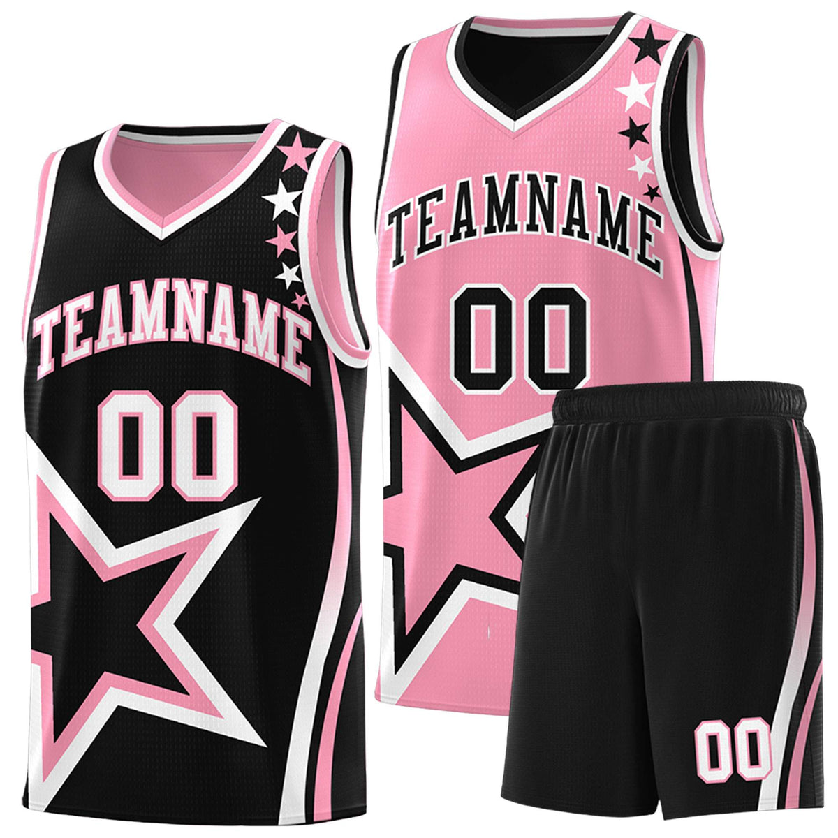 Custom Black Light Pink Reversible Color Block Start Pattern Sports Uniform Basketball Jersey Kits