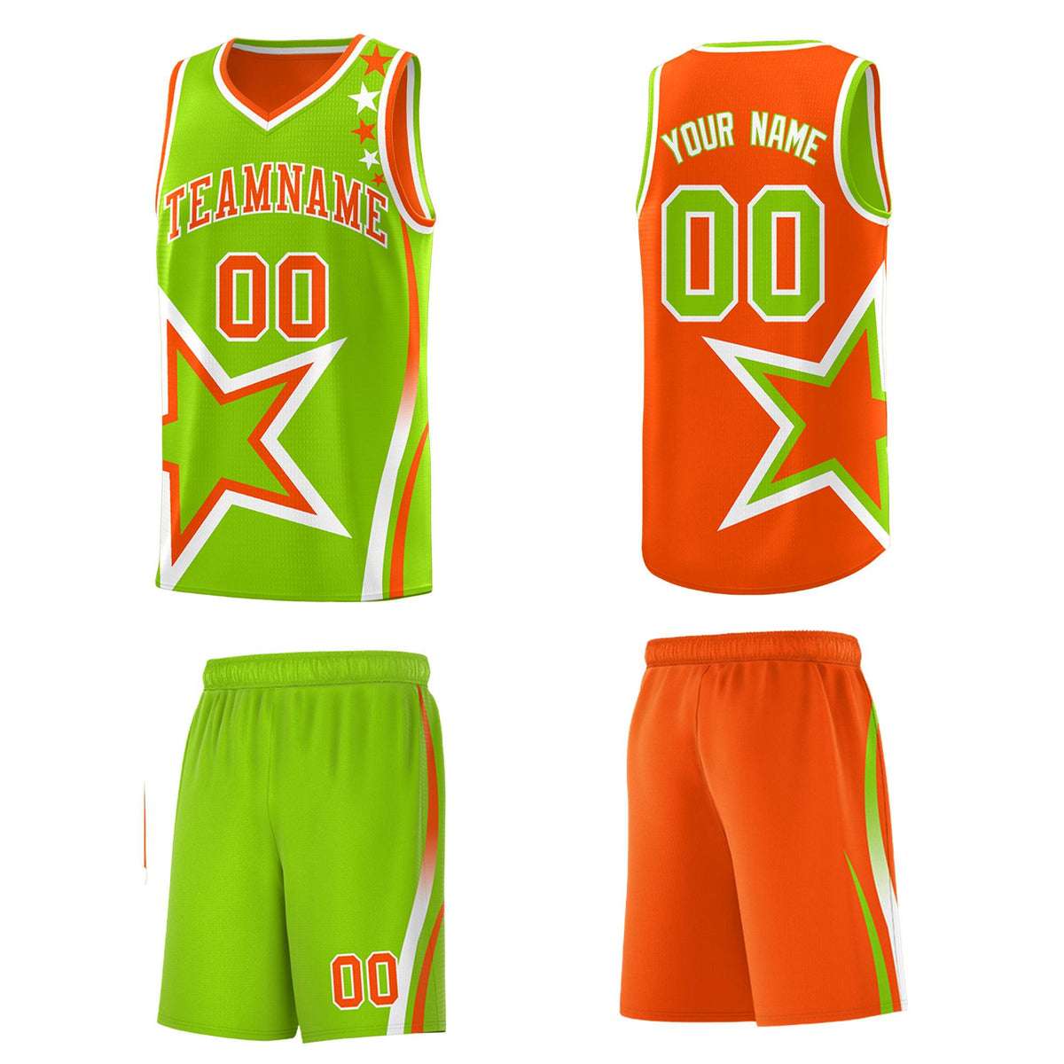 Custom Orange Neon Green Reversible Color Block Start Pattern Sports Uniform Basketball Jersey Kits