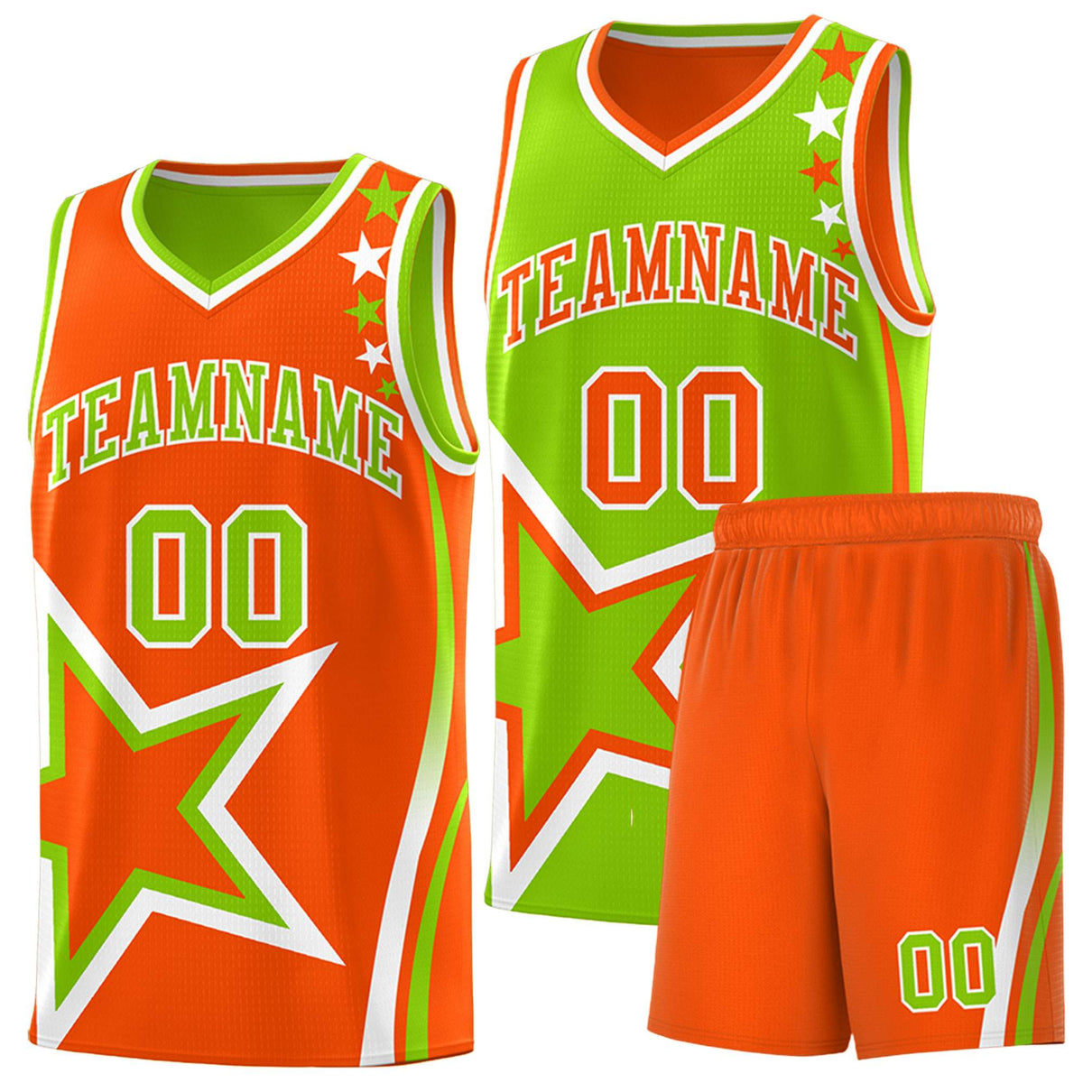 Custom Orange Neon Green Reversible Color Block Start Pattern Sports Uniform Basketball Jersey Kits