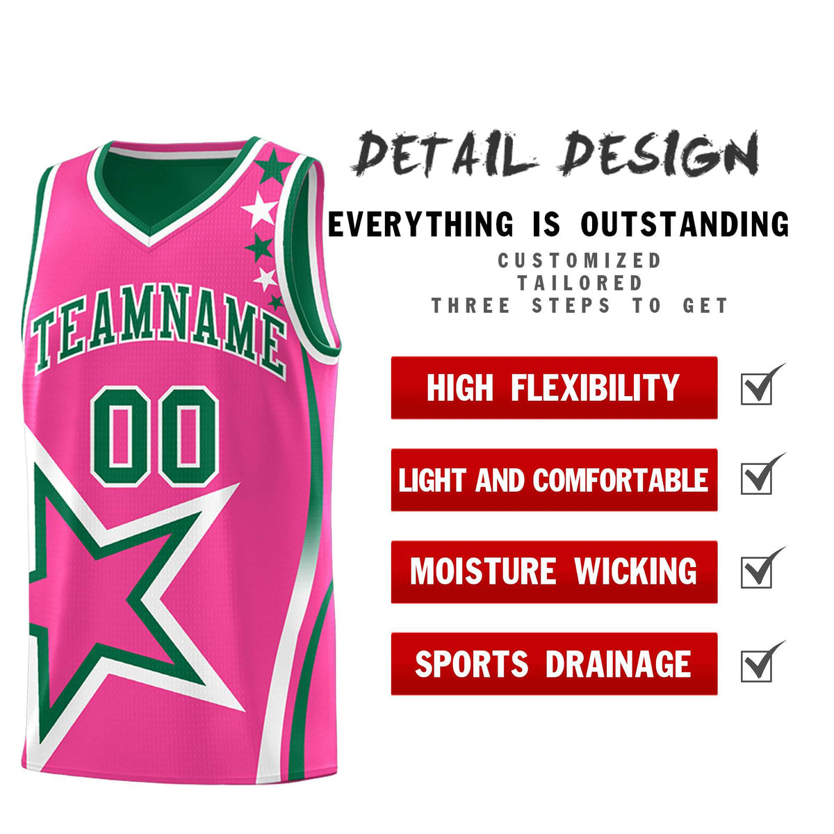 Custom Kelly Green Pink Reversible Color Block Start Pattern Sports Uniform Basketball Jersey Kits