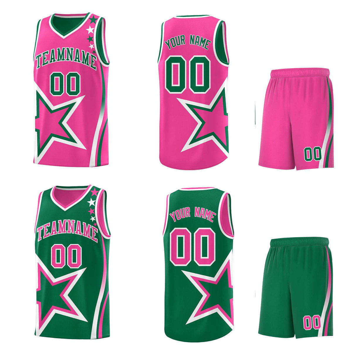 Custom Kelly Green Pink Reversible Color Block Start Pattern Sports Uniform Basketball Jersey Kits