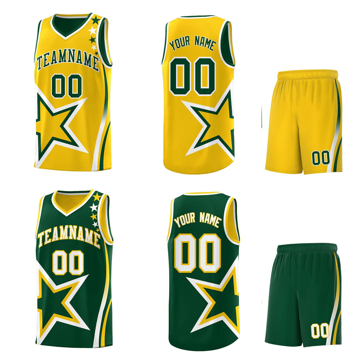 Custom Green Gold Reversible Color Block Start Pattern Sports Uniform Basketball Jersey Kits