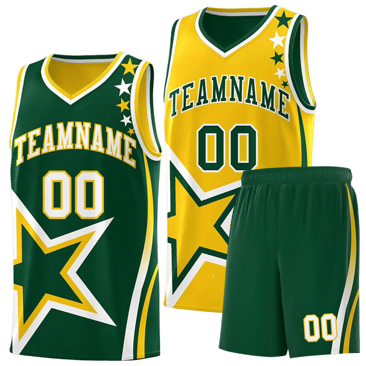 Custom Green Gold Reversible Color Block Start Pattern Sports Uniform Basketball Jersey Kits