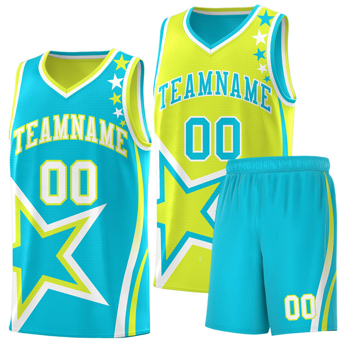 Custom Sky Blue Fluorescent Green Reversible Color Block Start Pattern Sports Uniform Basketball Jersey Kits
