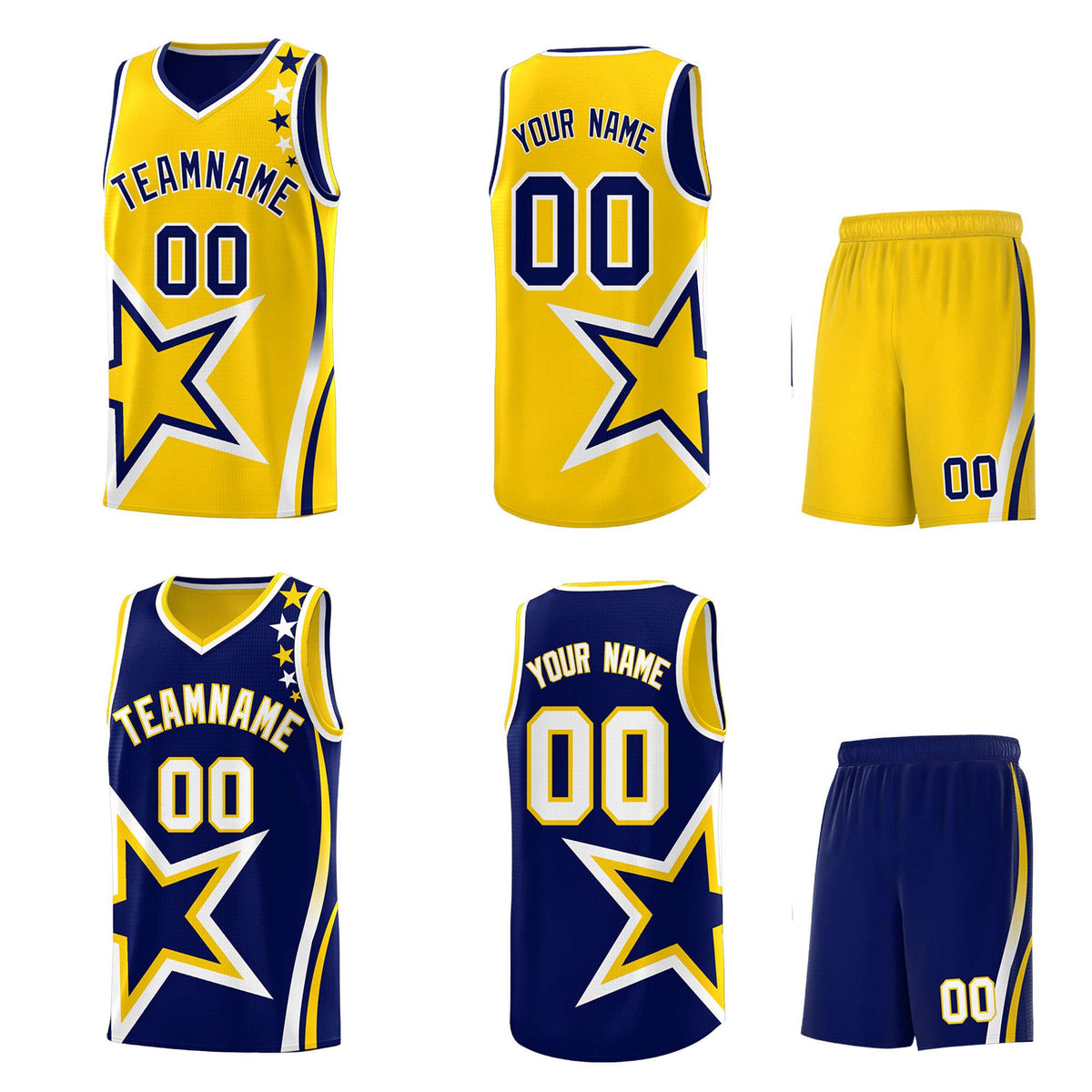 Custom Navy Gold Reversible Color Block Start Pattern Sports Uniform Basketball Jersey Kits