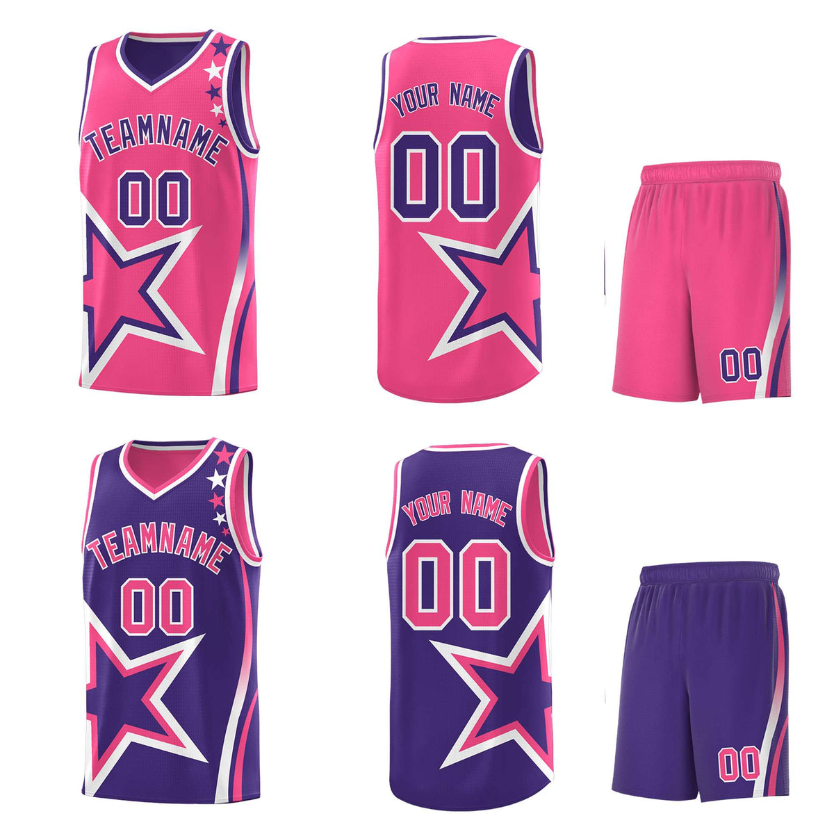 Custom Purple Pink Reversible Color Block Start Pattern Sports Uniform Basketball Jersey Kits