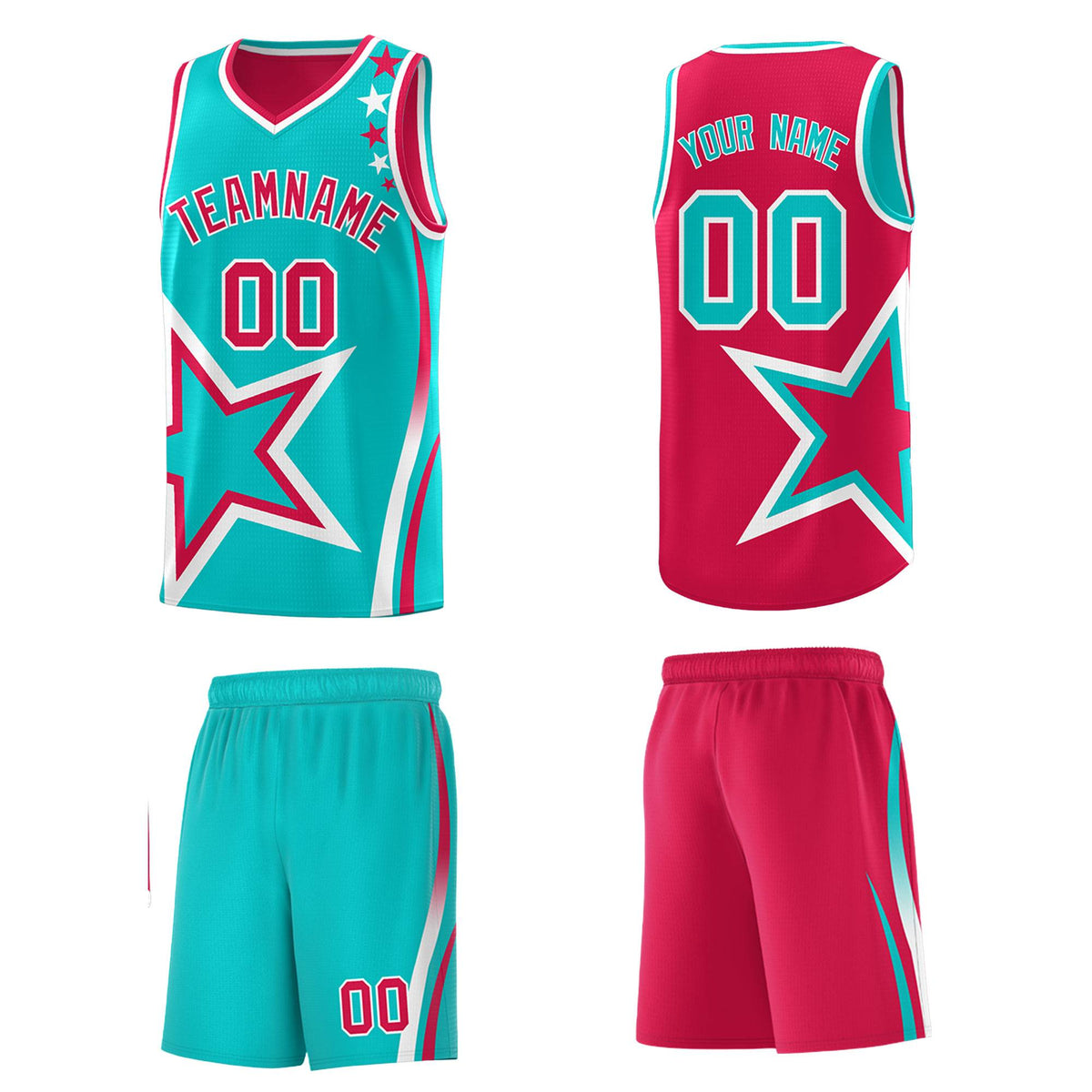 Custom Red Bright Green Reversible Color Block Start Pattern Sports Uniform Basketball Jersey Kits