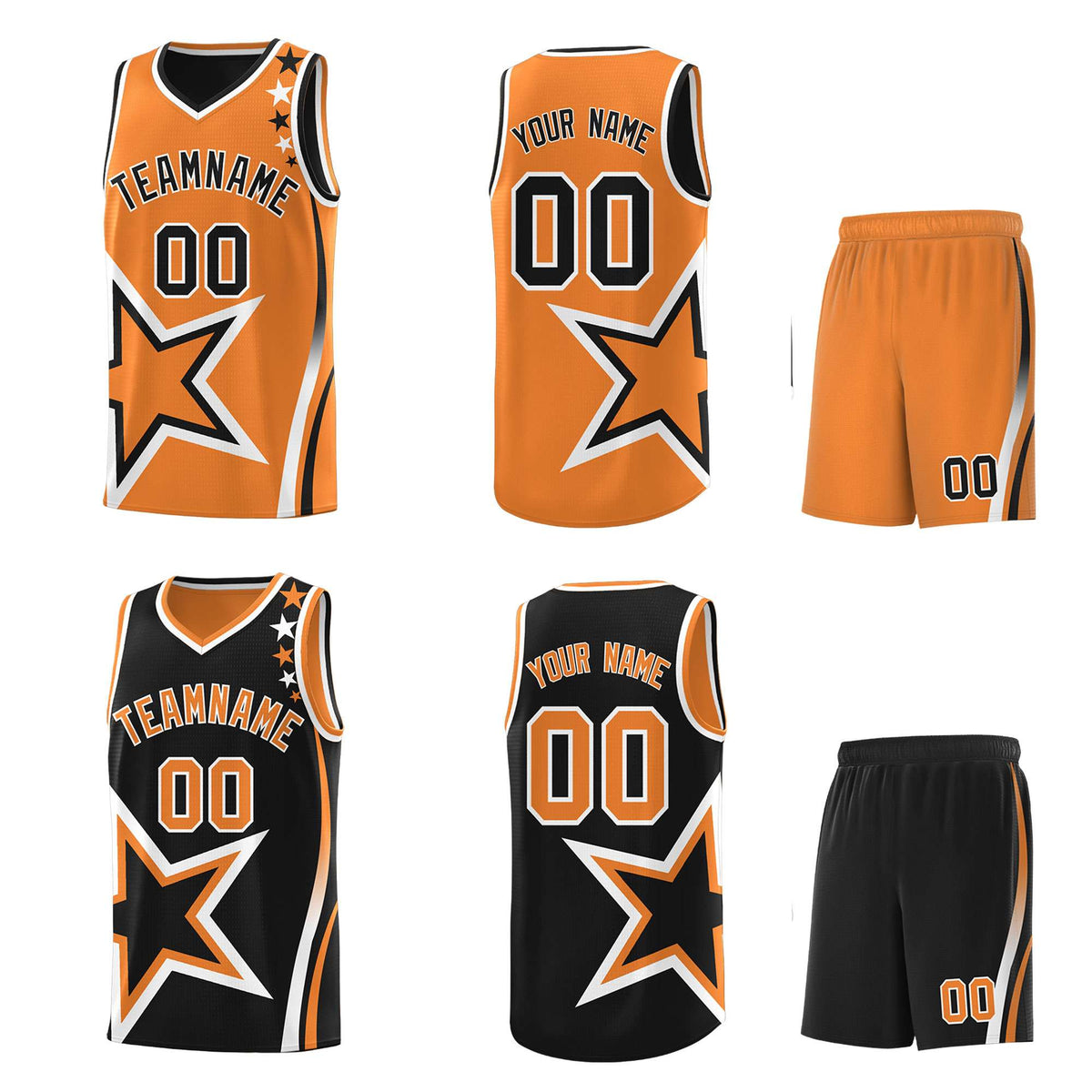 Custom Black Orange Reversible Color Block Start Pattern Sports Uniform Basketball Jersey Kits