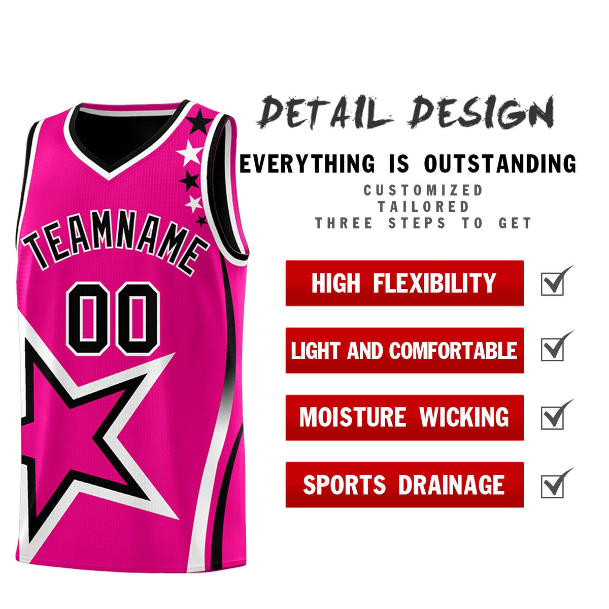 Custom Black Rose red Reversible Color Block Start Pattern Sports Uniform Basketball Jersey Kits