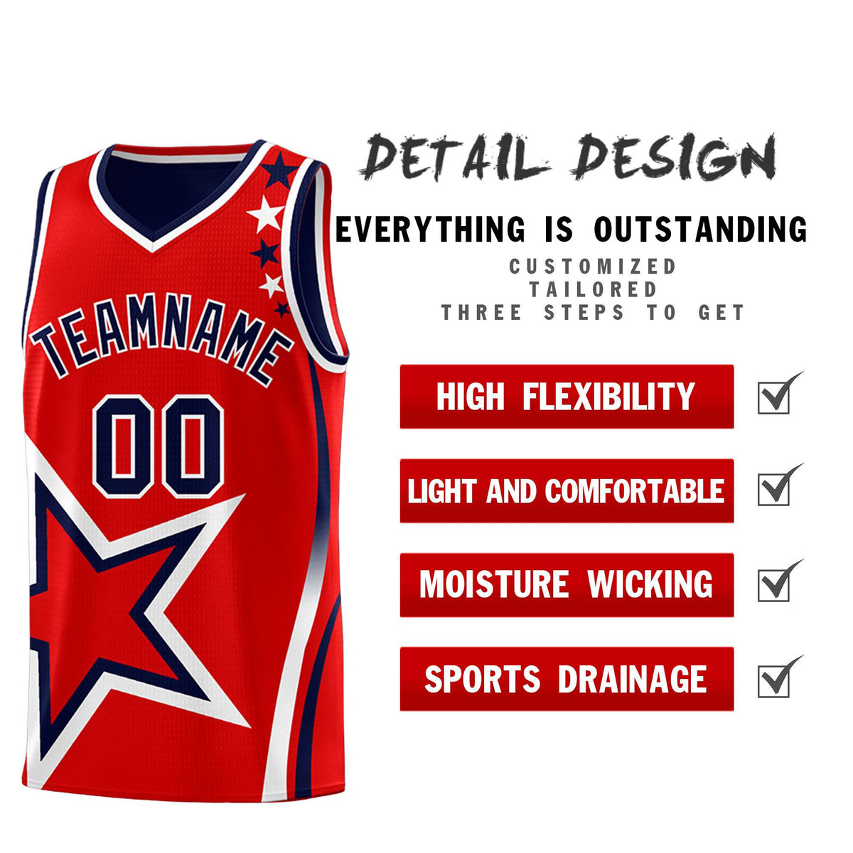 Custom Navy Red Reversible Color Block Start Pattern Sports Uniform Basketball Jersey Kits