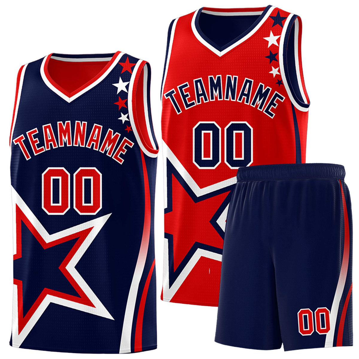 Custom Navy Red Reversible Color Block Start Pattern Sports Uniform Basketball Jersey Kits