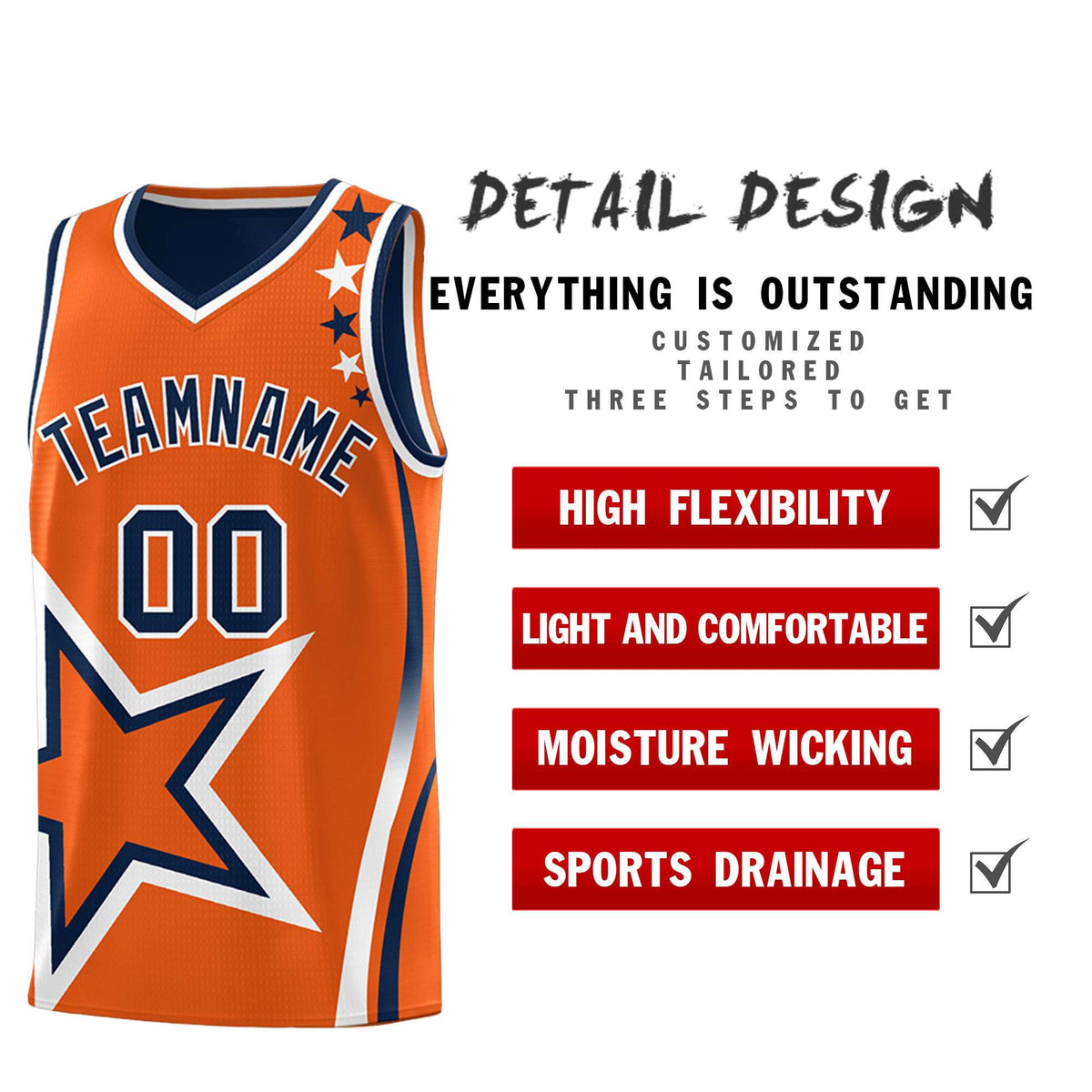 Custom Navy Orange Reversible Color Block Start Pattern Sports Uniform Basketball Jersey Kits
