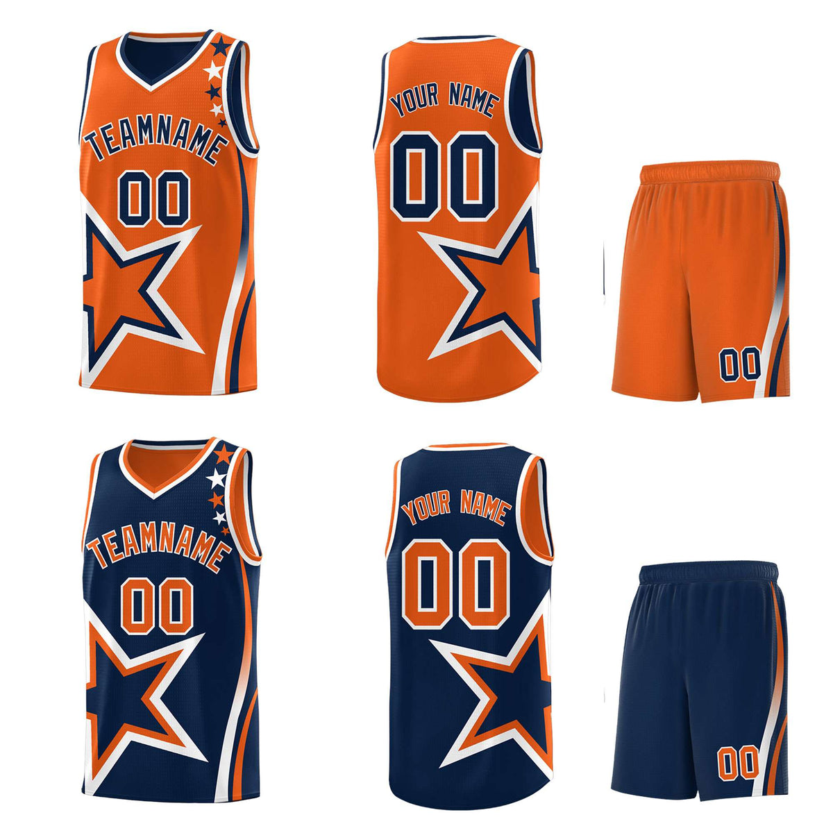 Custom Navy Orange Reversible Color Block Start Pattern Sports Uniform Basketball Jersey Kits