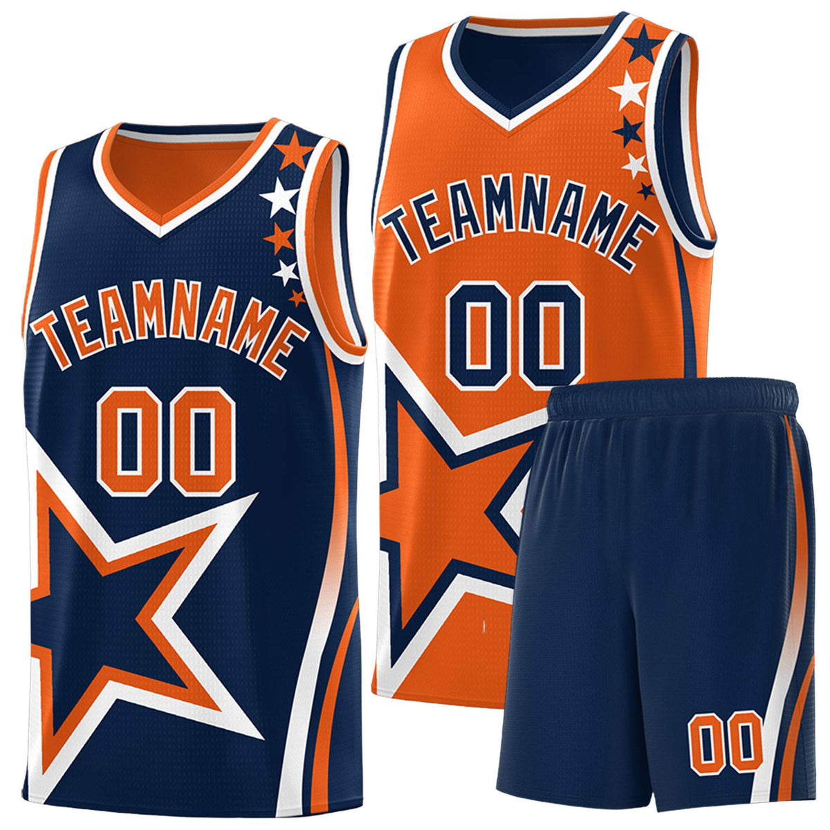 Custom Navy Orange Reversible Color Block Start Pattern Sports Uniform Basketball Jersey Kits