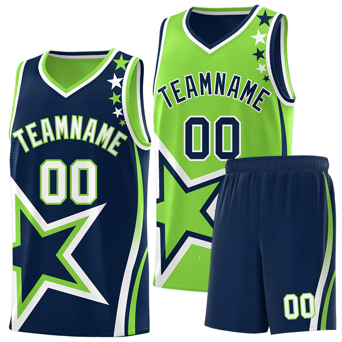 Custom Navy Neon Green Reversible Color Block Start Pattern Sports Uniform Basketball Jersey Kits