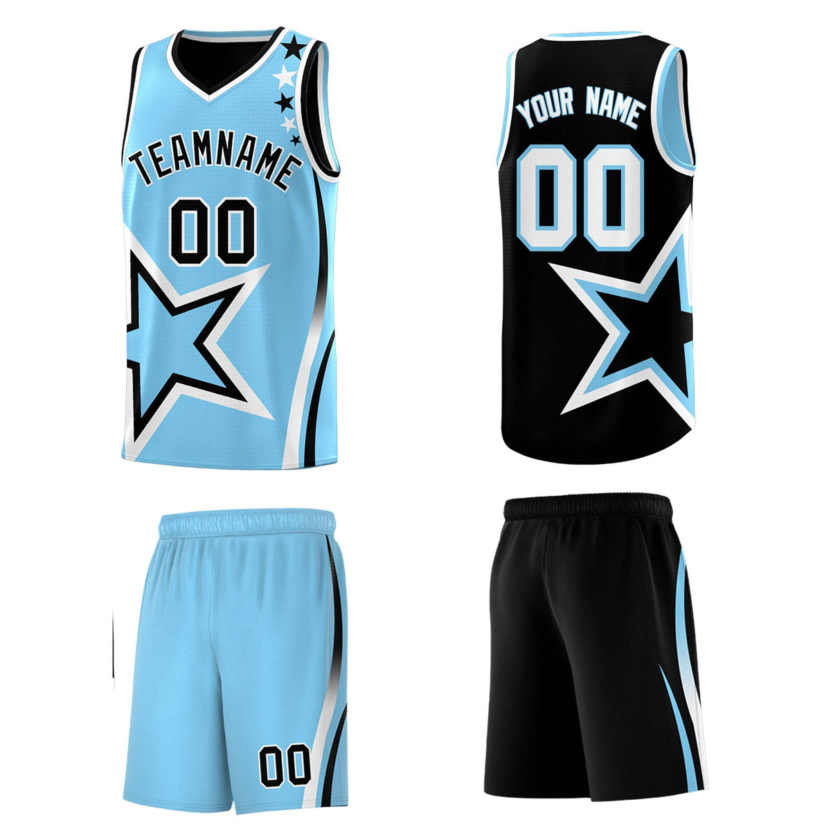 Custom Black Powder Blue Reversible Color Block Start Pattern Sports Uniform Basketball Jersey Kits
