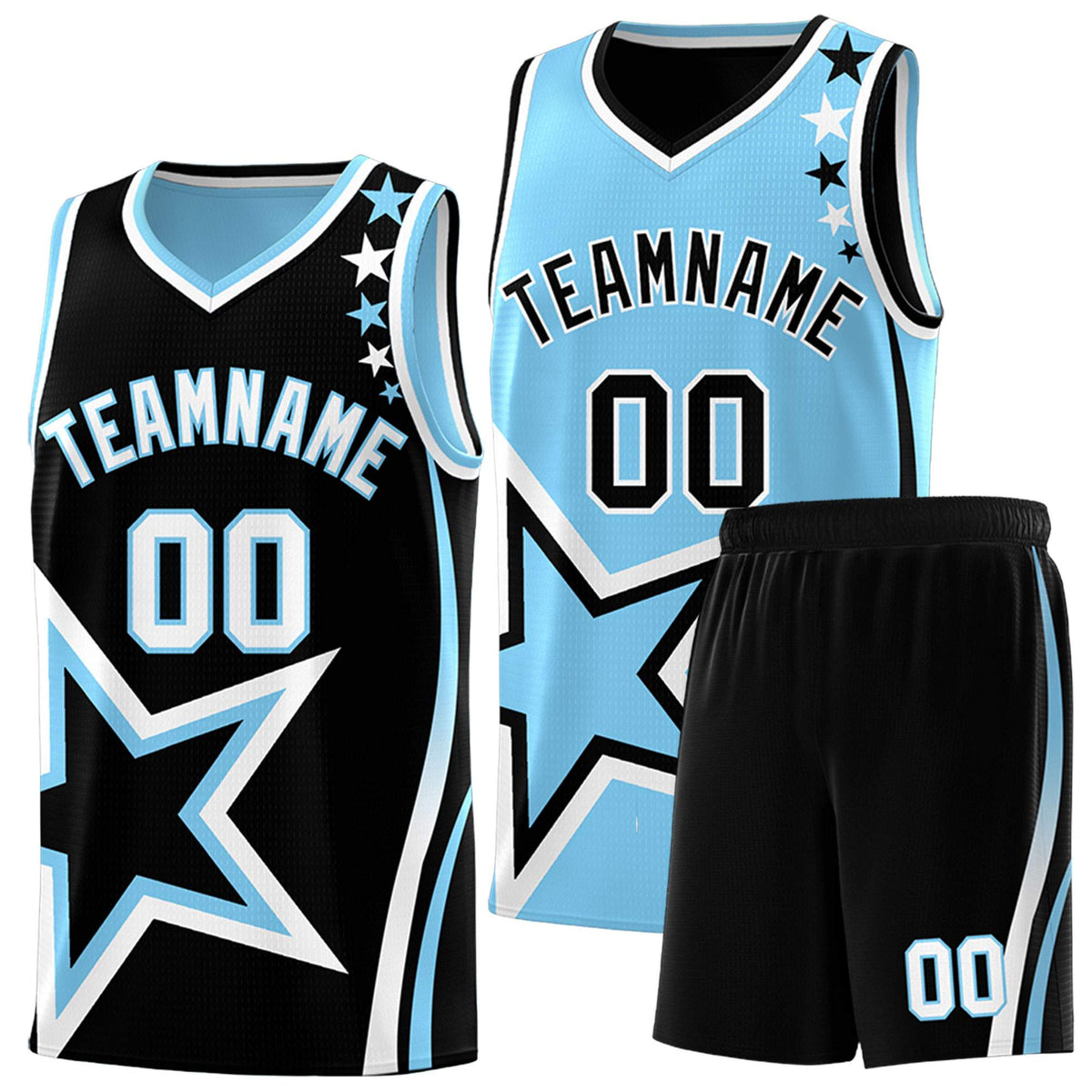 Custom Black Powder Blue Reversible Color Block Start Pattern Sports Uniform Basketball Jersey Kits